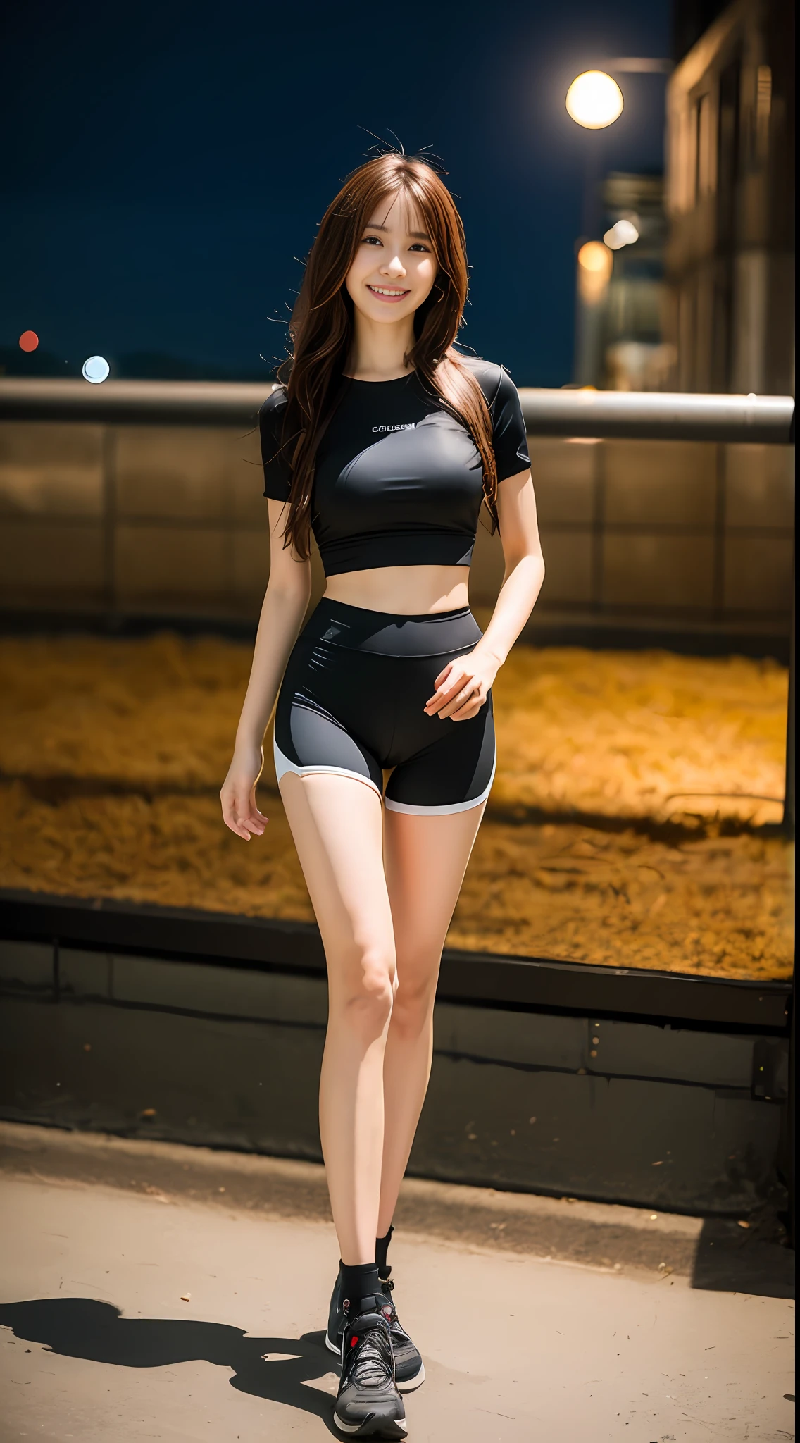 1girl, (best quality, masterpiece, ultra high resolution), (photorealistic:1.3), (realistic:1.3),, (closed mouth), (light smile:1.2), (expressive hair:1.2), (floating hair:1.2), (cyberpunk), (bike shorts:1.2), (compression_shirt:1.2), (button), sky, moon, night, (science fiction:1.2), outdoors, sea, beach,busty, vivacious and seductive, (only one girl:1.2),(standing:1.2), (slender), (slender legs), (long legs:1.3), shiny skin, nose blush, (facing viewer),