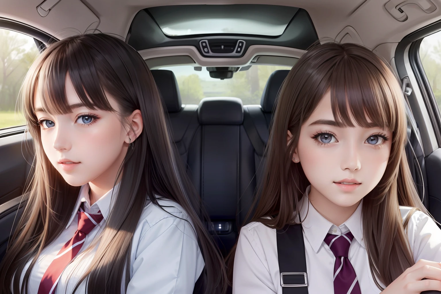 Top quality, ultra high resolution, perfect anatomy, 3 girls, schoolgirls, uniform, 18 years old, back seat of the car, (playful, talking), best shadows, volume lighting