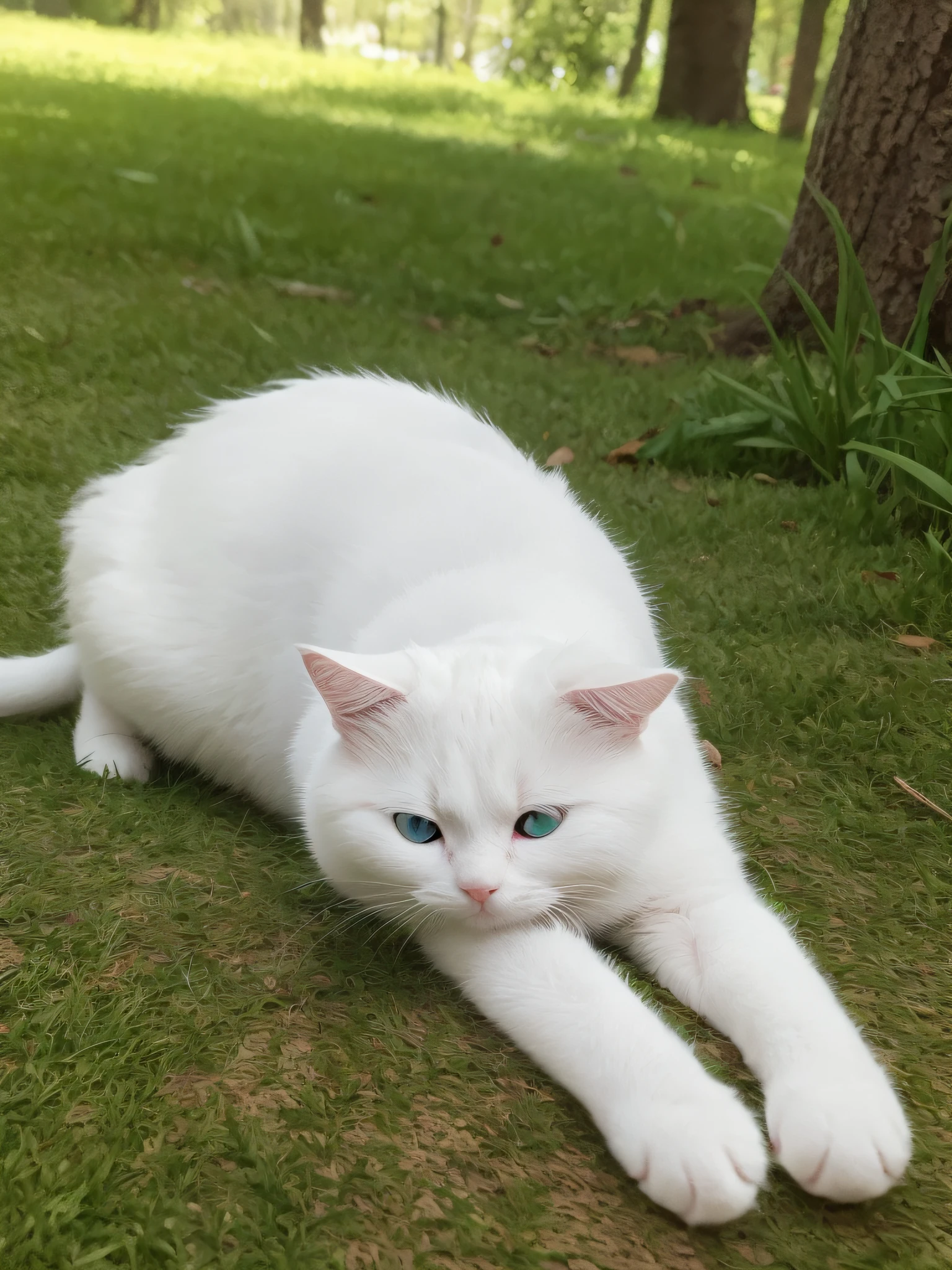 A pure white puppet cat lying on carpet, woods, green grass, rising sun, HD, cinema lens, HDR, water droplets --auto