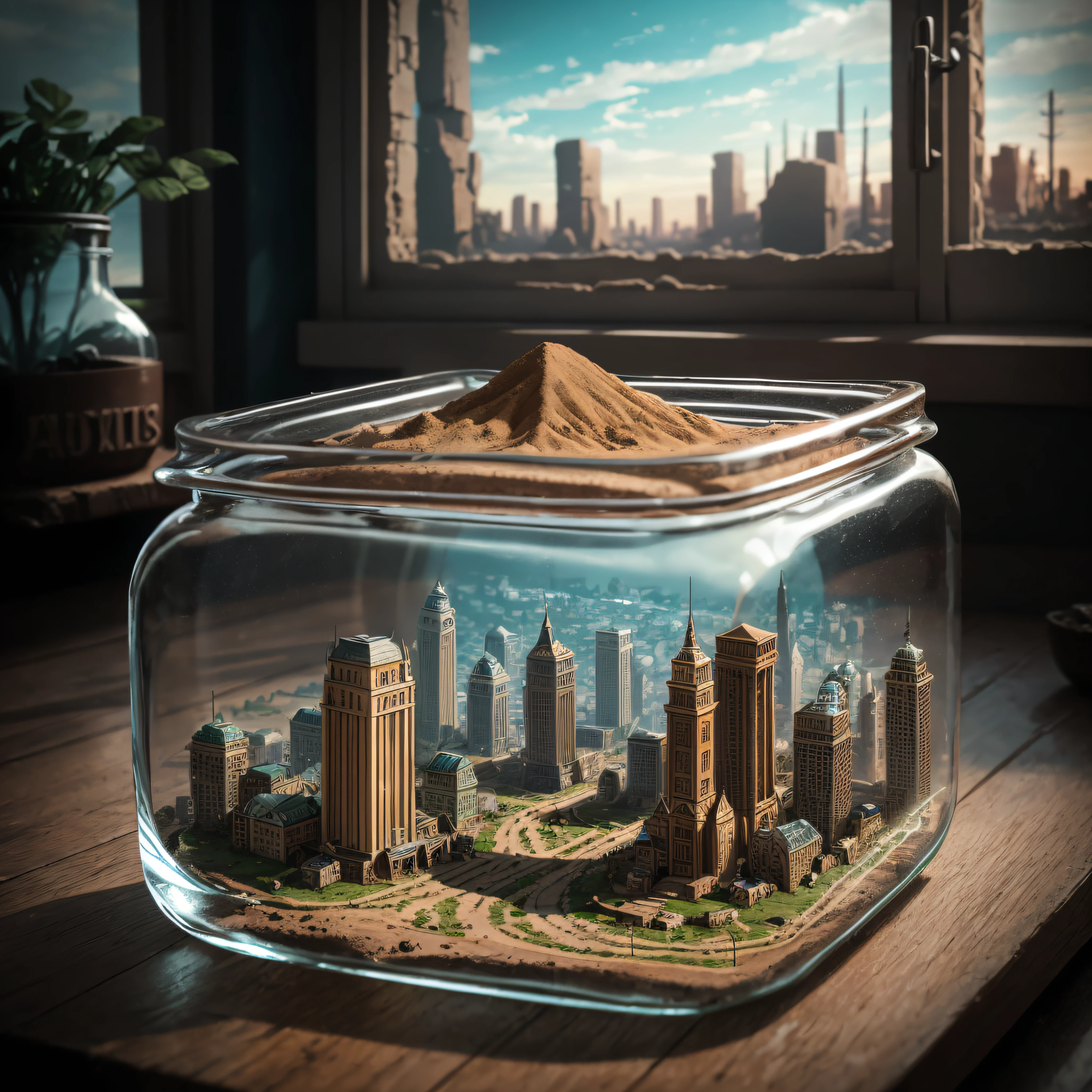 buried city tucked inside a square glass jar with lid, placing on the windowsill, extremely detailed, 8K, apocalyptic punk style, miniatures, macro photography in close-up --auto