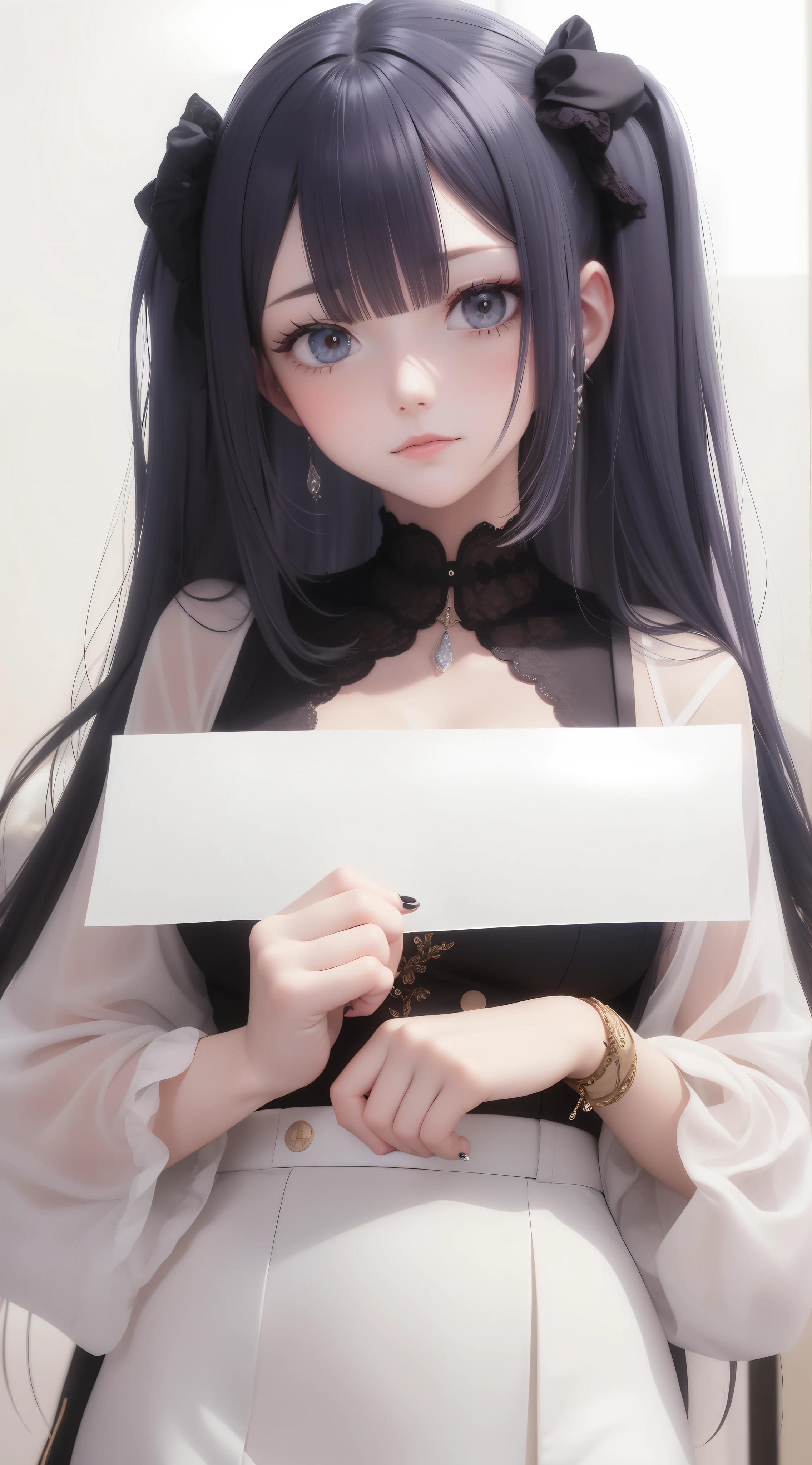 Pretty girl, cleavage, colored hair, delicate hairstyle, white paper, gorgeous clothing, super high-textured skin,