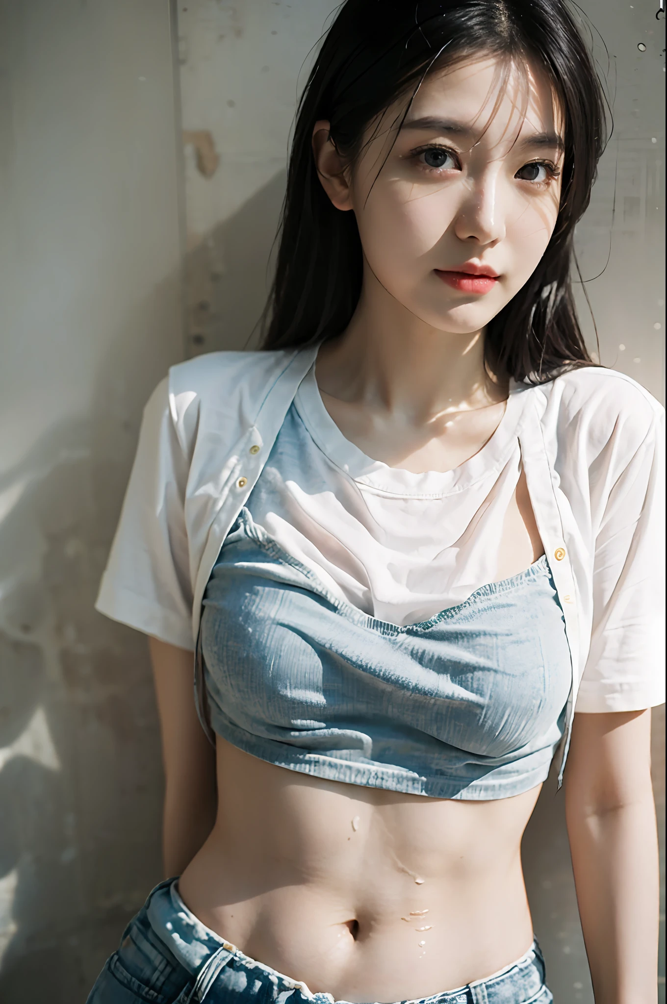 Best Quality, Masterpiece, Ultra High Resolution, (Realistic: 1.4), Original Photo, Official Art, Wallpaper, Bust Photo, Skin, Simple Background, Black Eyes, Details, Fingers, 1 Girl,,White Shirt,Belly Navel,Ragged Jean Shorts,Breeze,Sunlight,Water Mist,Studio light,