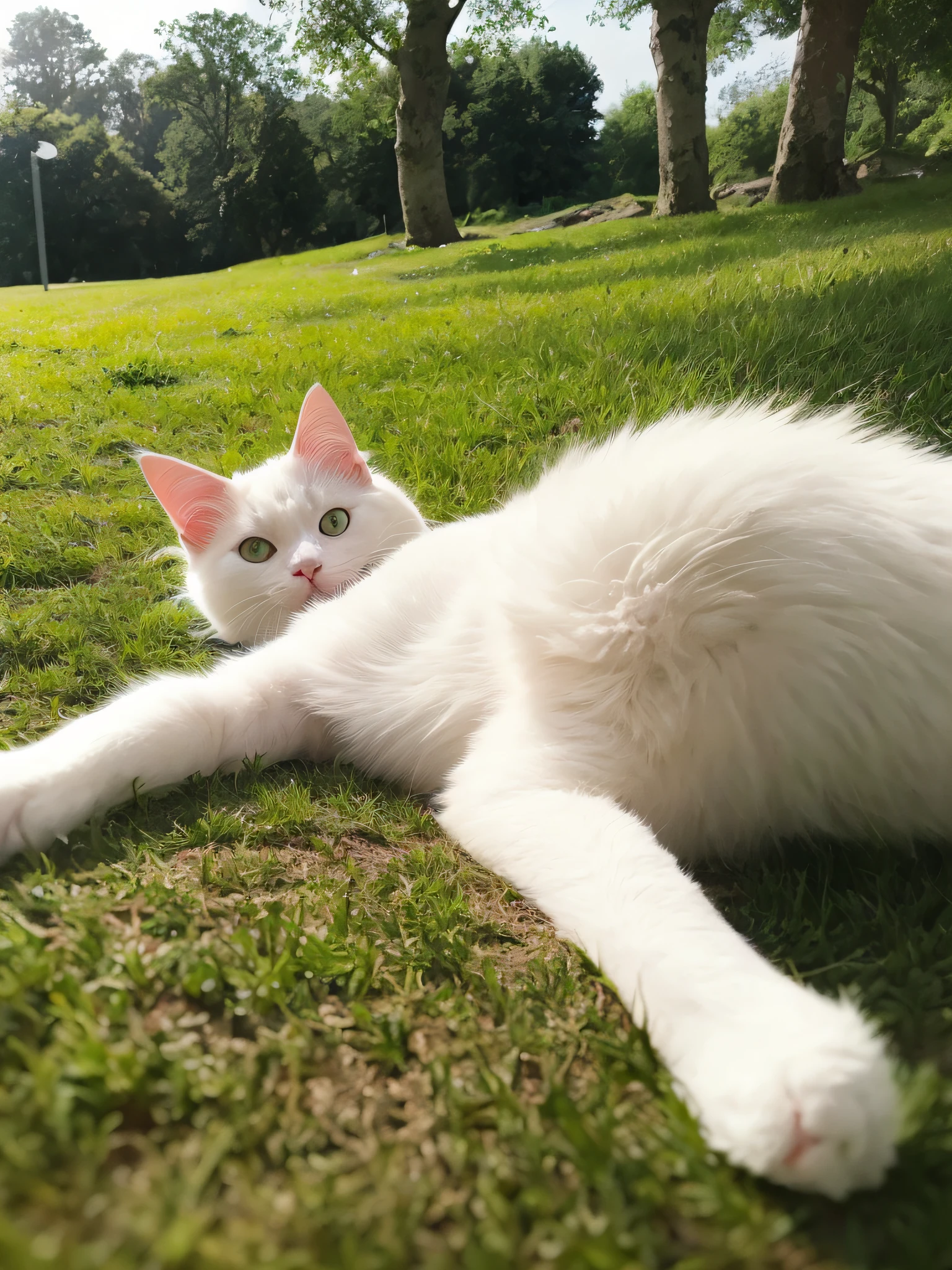 A pure white puppet cat lying on carpet, woods, green grass, rising sun, HD, cinema lens, HDR, water droplets --auto