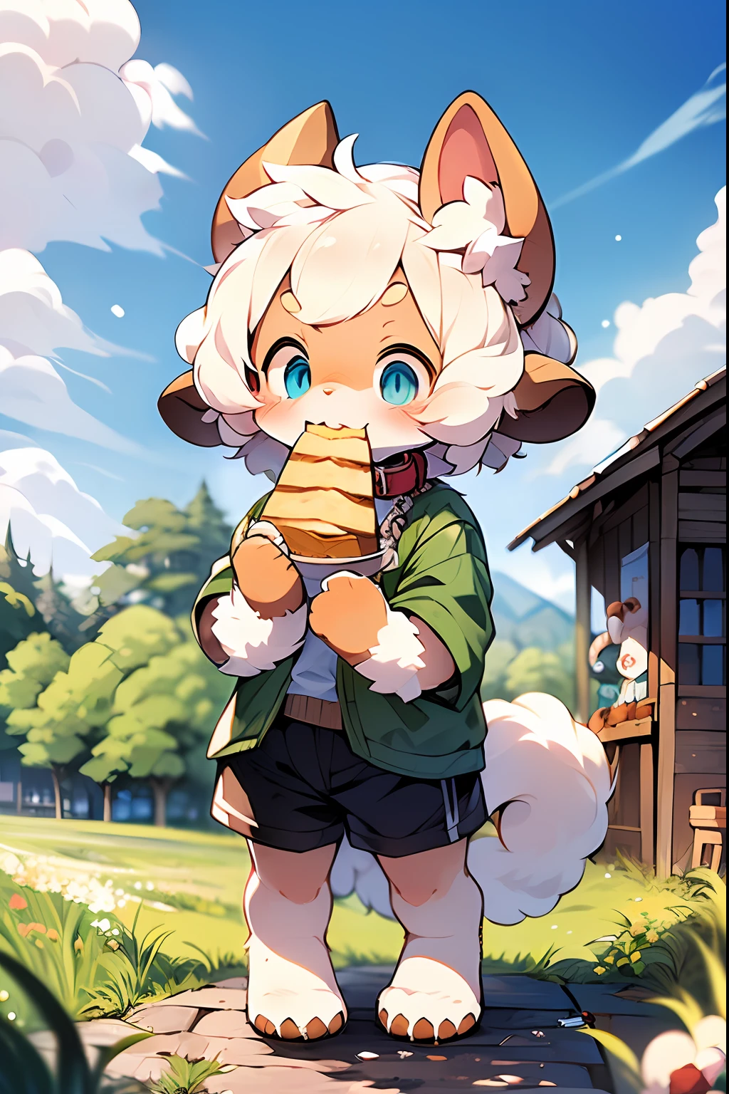 (via Dagasi: 1.1), Masterpiece, High Quality, Absurd Resolution, Digital Painting \ (Artwork), Dagasi, Yupa, Kiyoyama, (Fluffy Fur, White Fur, Full Body Fur, Croissant, Sheepdog Pattern: 1.2), Doll, Women, Sheep, Girl, Blue Eyes, Bright Eyes, Panorama, Character Focus. Detailed background, eating bread, (bells, pet collars, loose clothes: 1.2), (sheep, bread, meadow: 1.3), two individuals, setting up stalls, selling bread