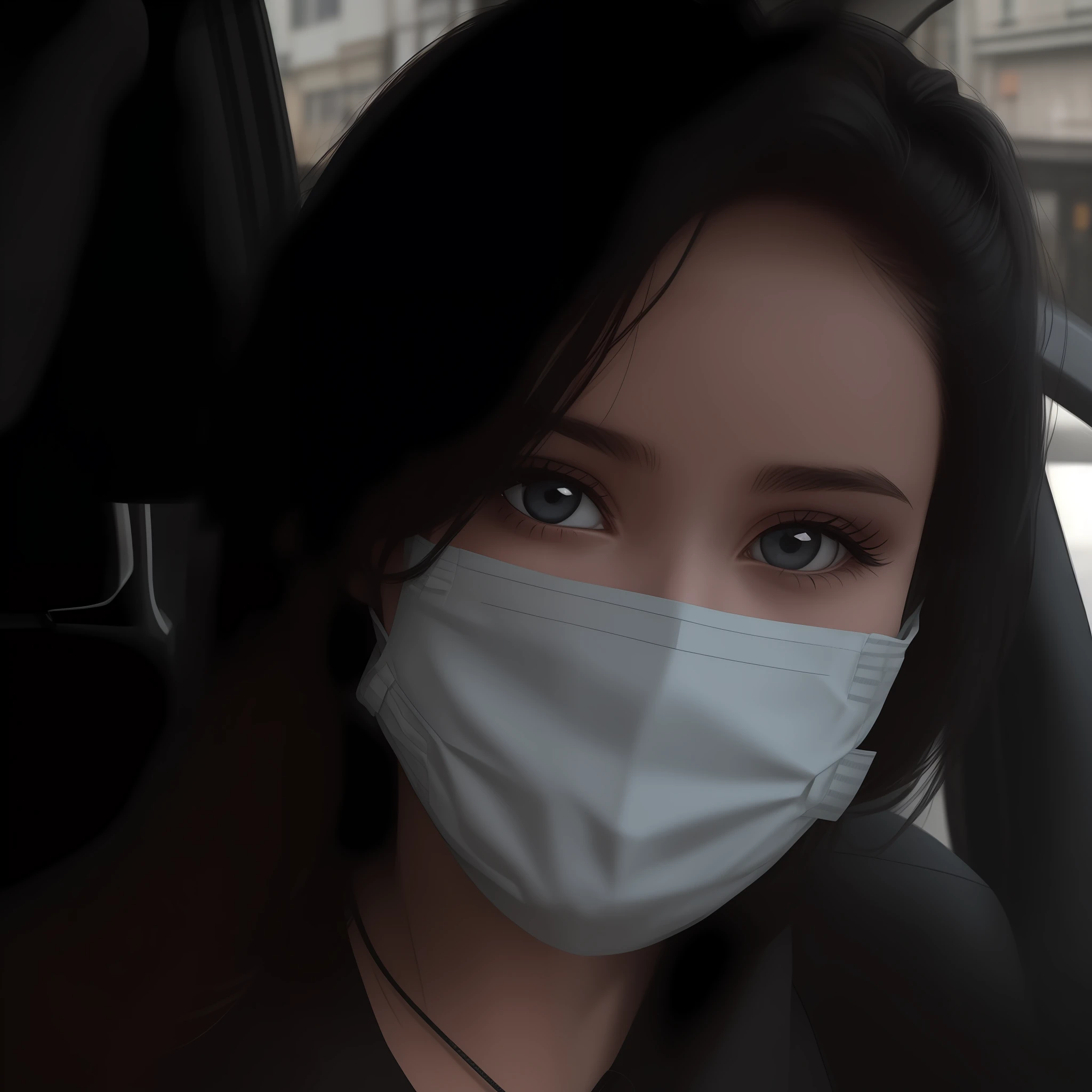 1girl,black_eyes,black_hair,forehead,ground_vehicle,long_hair,looking_at_viewer,mask,motor_vehicle,mouth_mask,solo