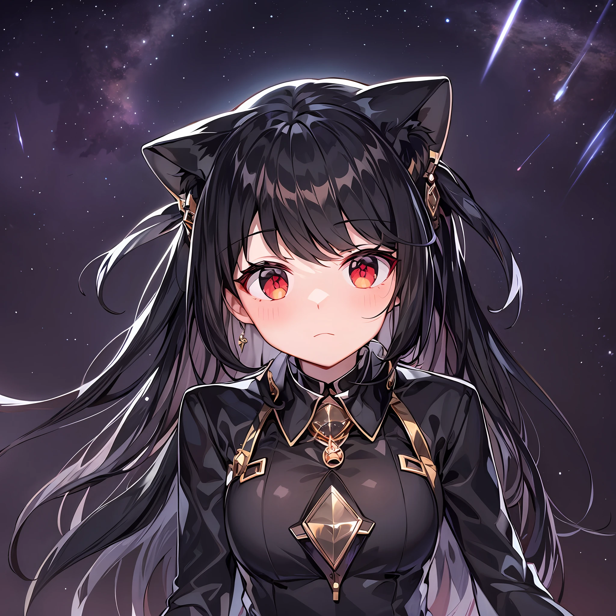 black hair, space backdrop, big moon, red eyes,