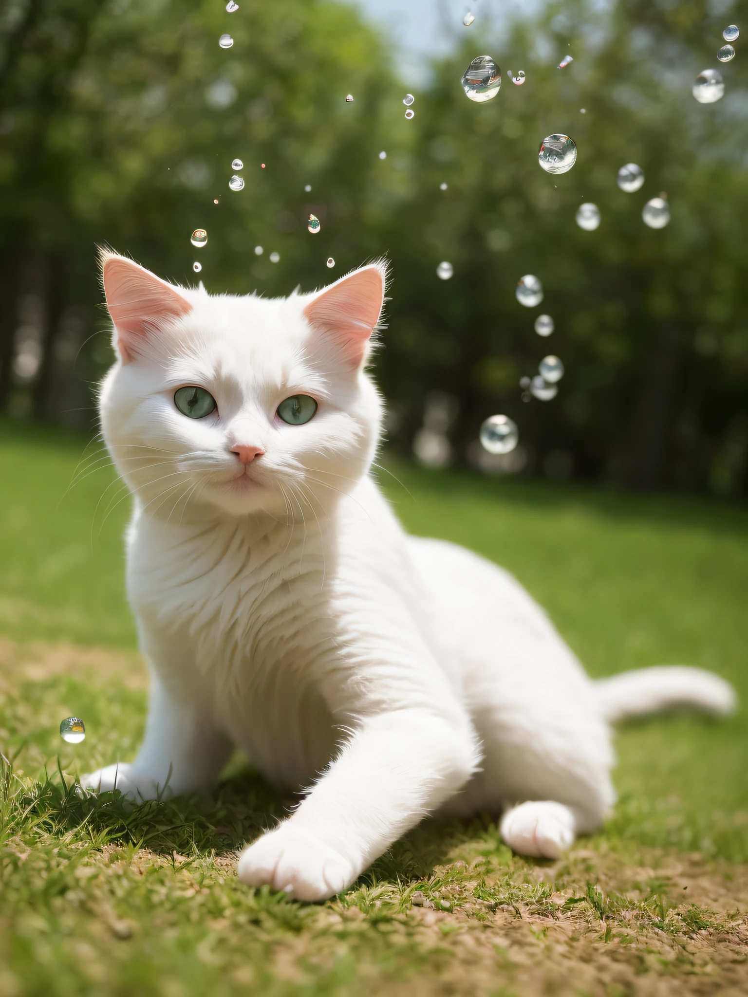 A pure white puppet cat lying on carpet, woods, green grass, rising sun, HD, cinema lens, HDR, water droplets --auto