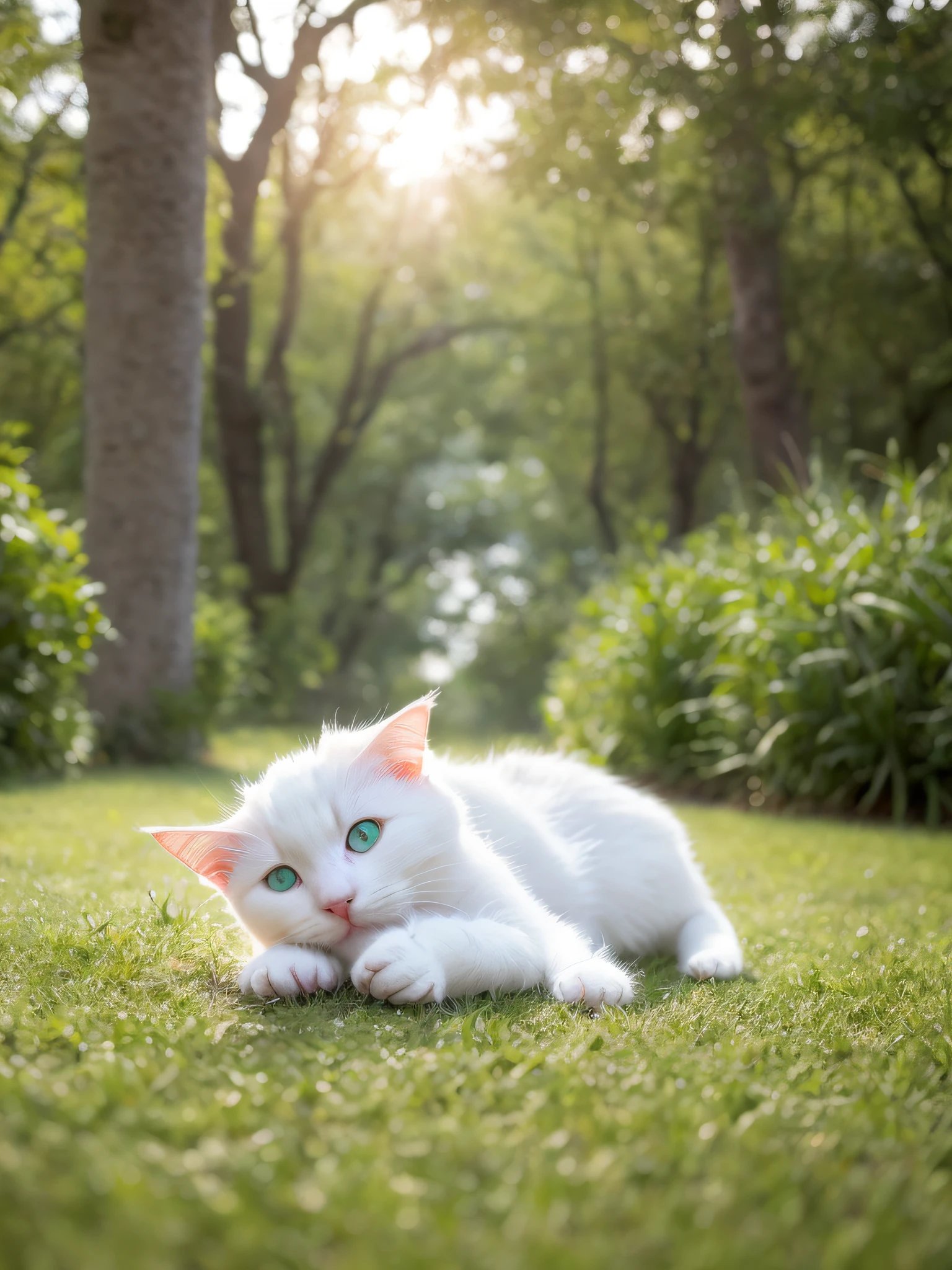 A pure white puppet cat lying on carpet, woods, fine, art, green grass, rising sun, HD, cinema lens, HDR, water droplets --auto