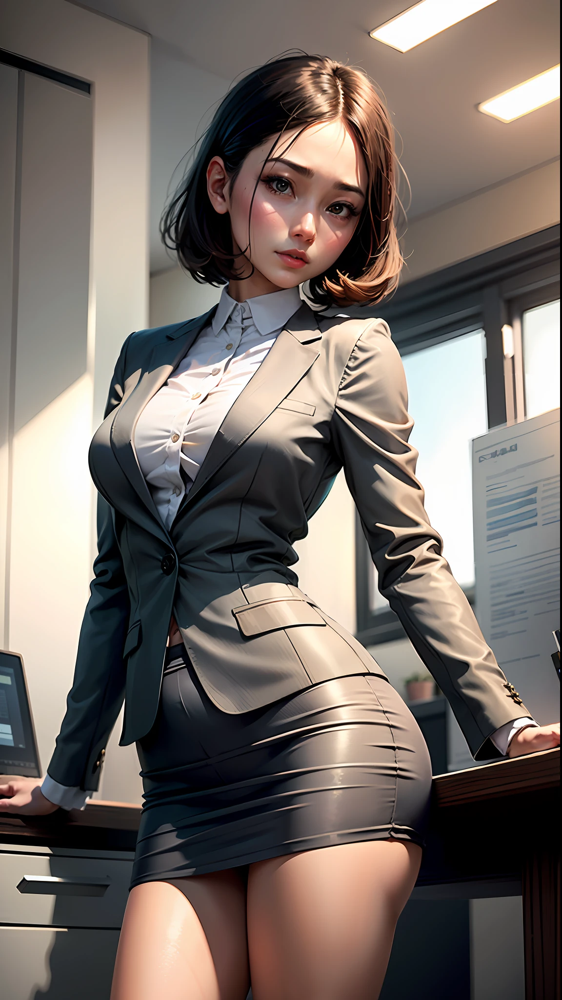(Best Quality, 8k, 32k, Masterpiece, UHD: 1.2), 1 Girl, Beautiful Japan Woman, Thin Waist, Grey Suit, Open Jacket, Office Lady, Suit, Ultra Mini Skirt, Office, Fine Face, Short Hair, Angle from Diagonally Down