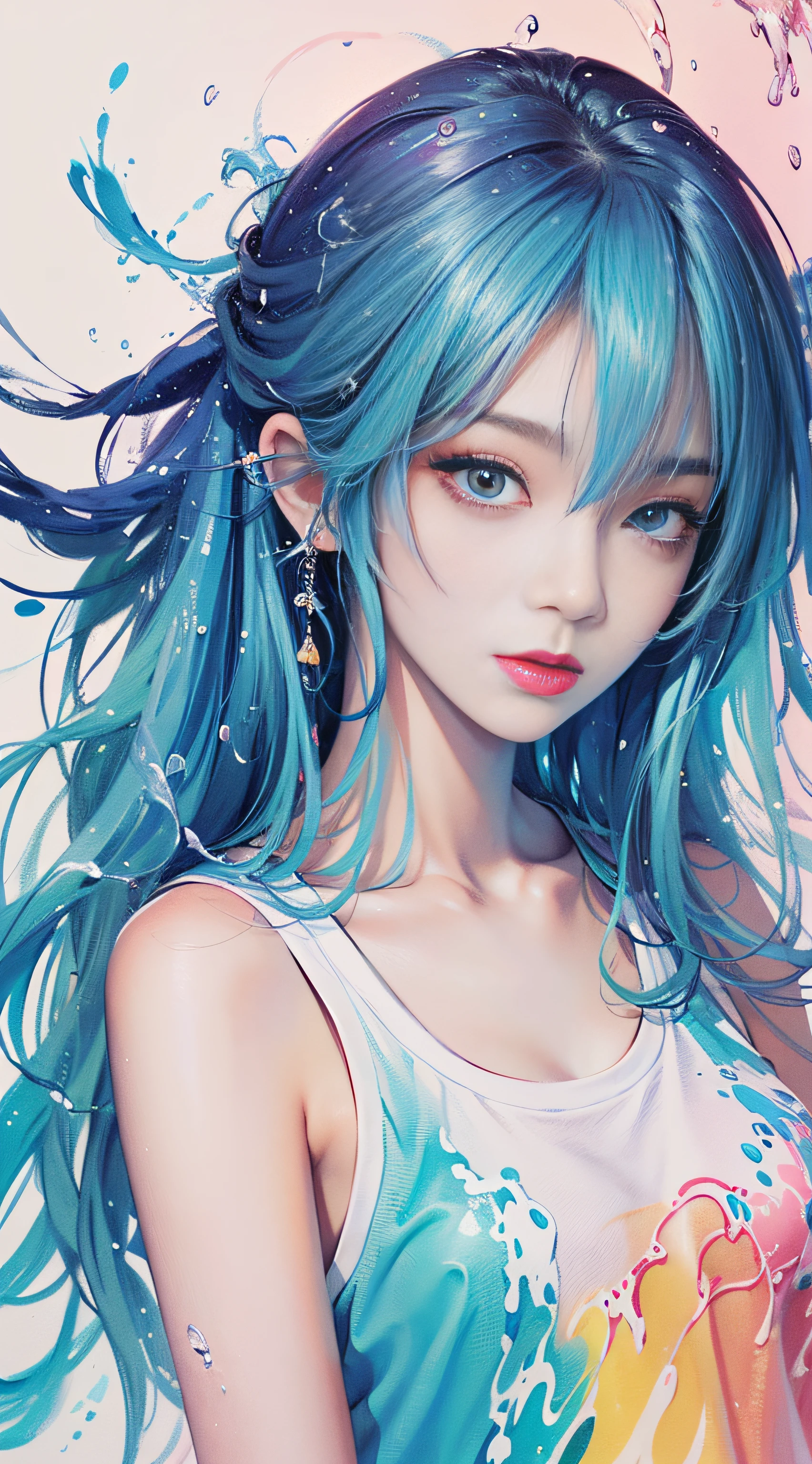 (Masterpiece, Best Quality, High Resolution), Anime Style, White Background, Acrylic Paint, ((Color Splash, Splash of Ink, Color Splash)), Sweet Chinese Girl, Long Light Blue Hair, [Light Blue|Pink] Hair, Curly Hair, Glitter, Peach Lips, White Shirt, Front, Upper Body