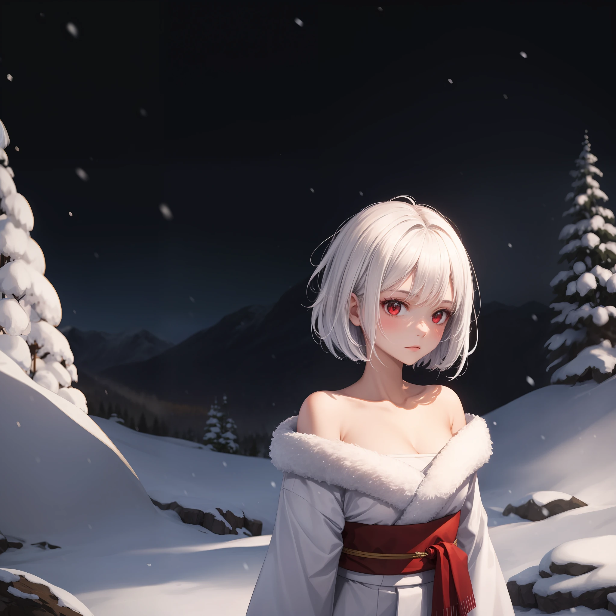 White hair, red eyes, girl, alone, solo, 1girl, short hair, snow woman, all white kimono, off shoulder, snowy mountain, blizzard,