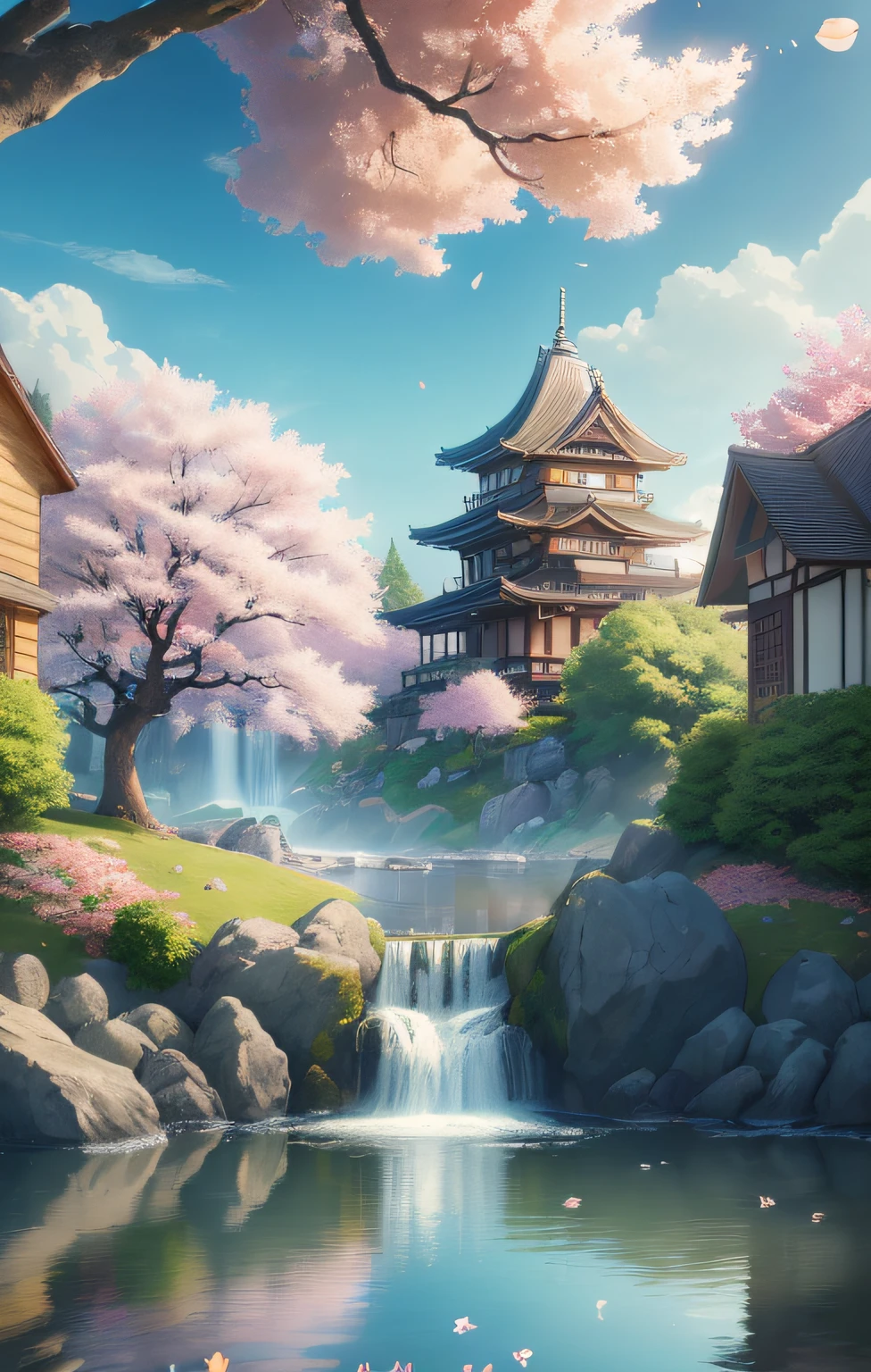 Masterpiece, best quality, (very detailed CG unity 8k wallpaper) (best quality), (best illustration), (best shadows) Critters Vibrant colors, water, natural beauty, peaceful oasis , cherry blossom tree, petals floating in the air, blue sky wonderland ray tracing, ultra-detailed --v6
