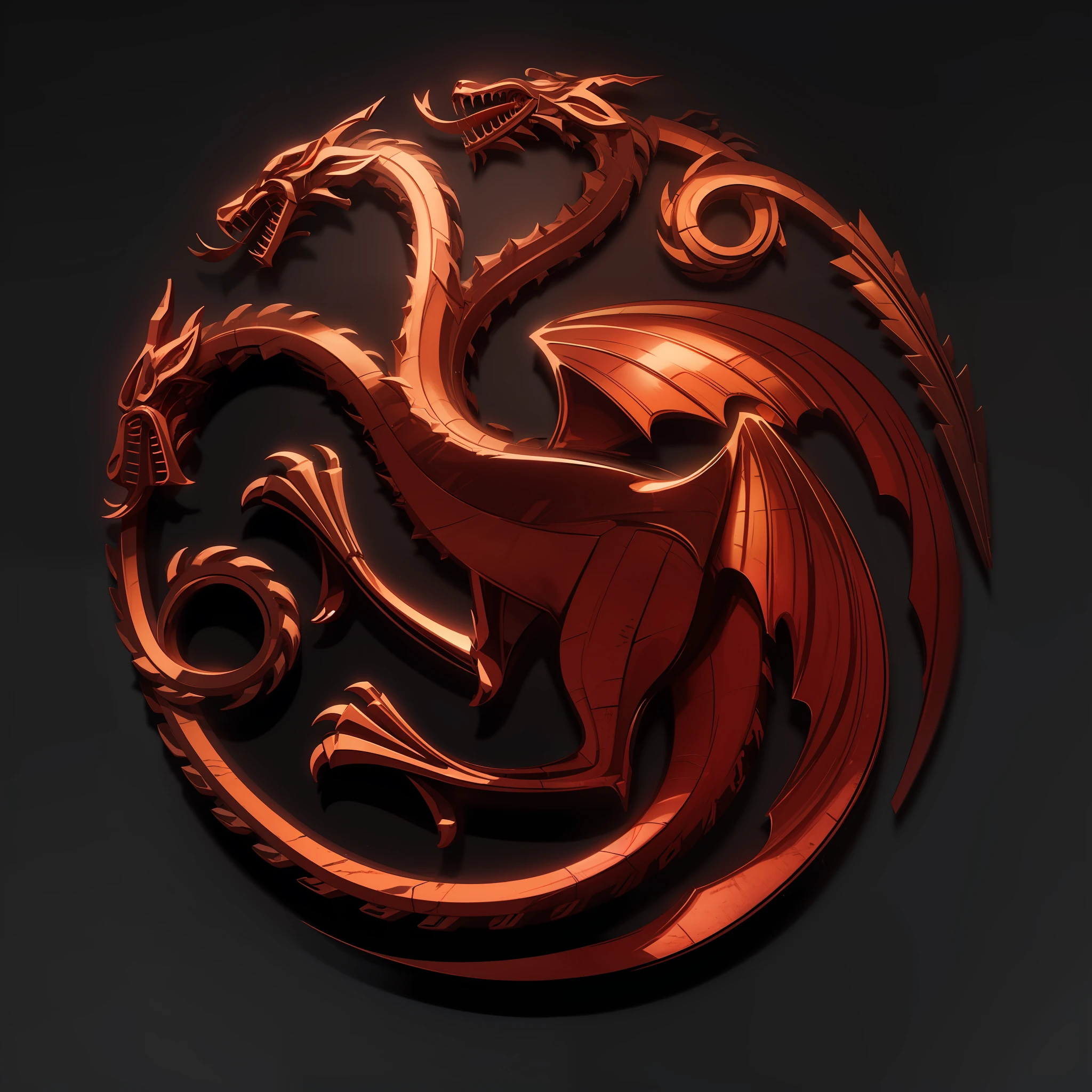House Targaryen logo, logo in red color, Cinematic, realistic, metallic, Ray Tracing, 3D, volumetric, unreal engine 5 . Black background with cinematic lighting.