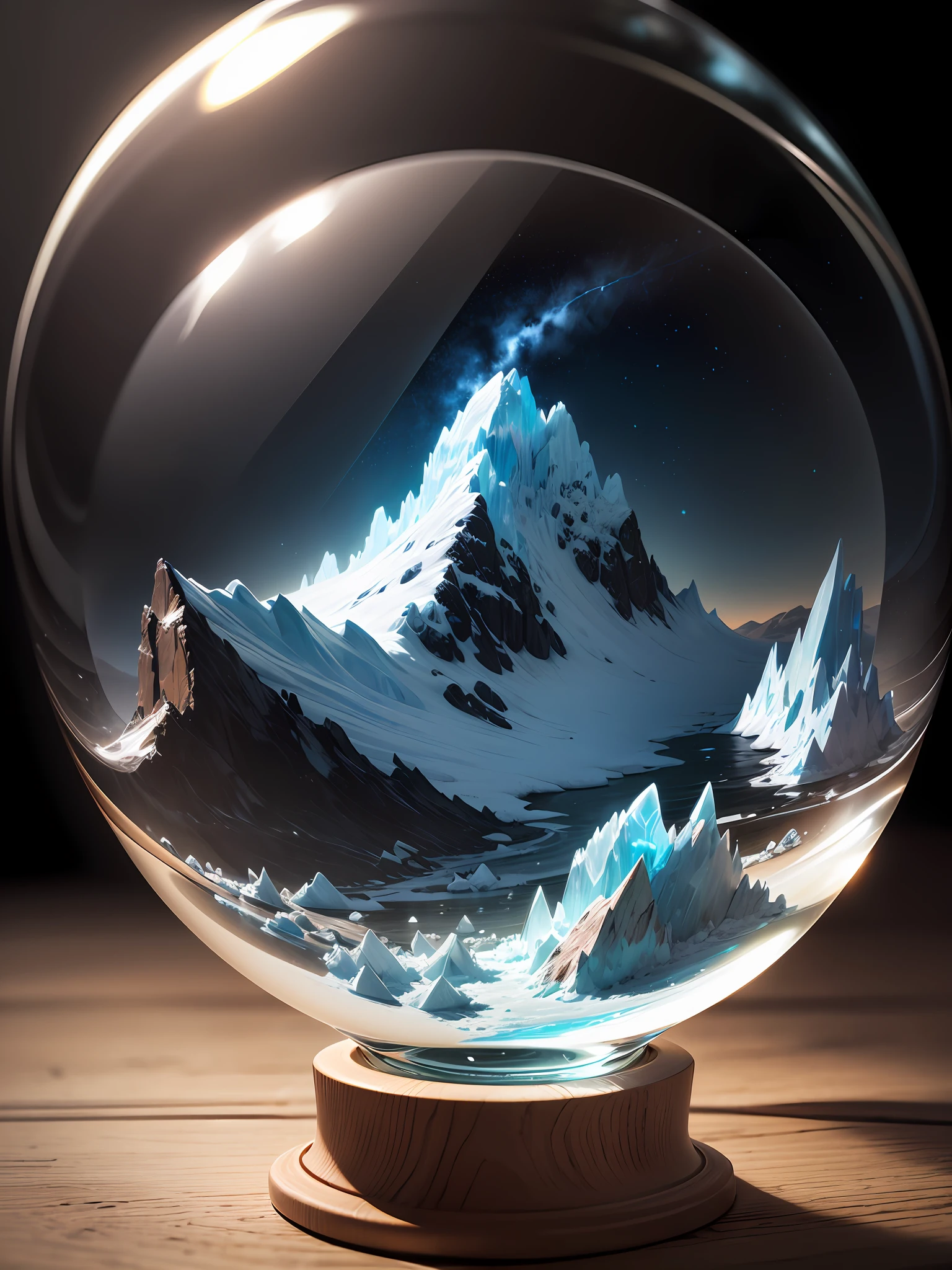 Ultra-realistic, 16K high resolution, (Max Sharp Focus: 1.3), (Max Close-up: 1.5), (Glacier trapped in a crystal perfect ball with pedestal on table: 1.7), (River, Lightning, Milky Way: 1.5), (Backlight: 1.3)