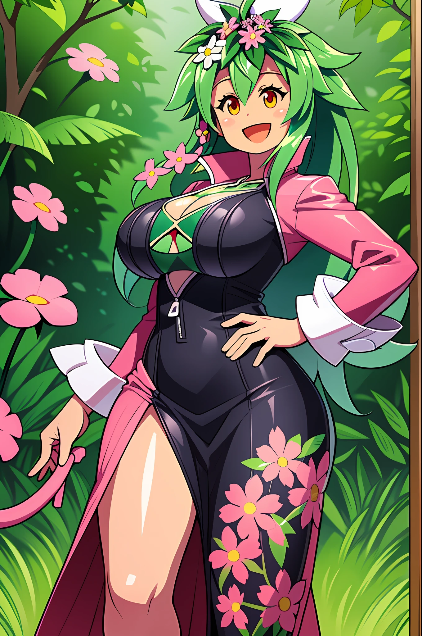 Kanna Blaster Master, floral fauna, female, fully clothed), toon, huge chest, smile, green hair, long dress, whole body, smile, open mouth, long hair, portrait, walking