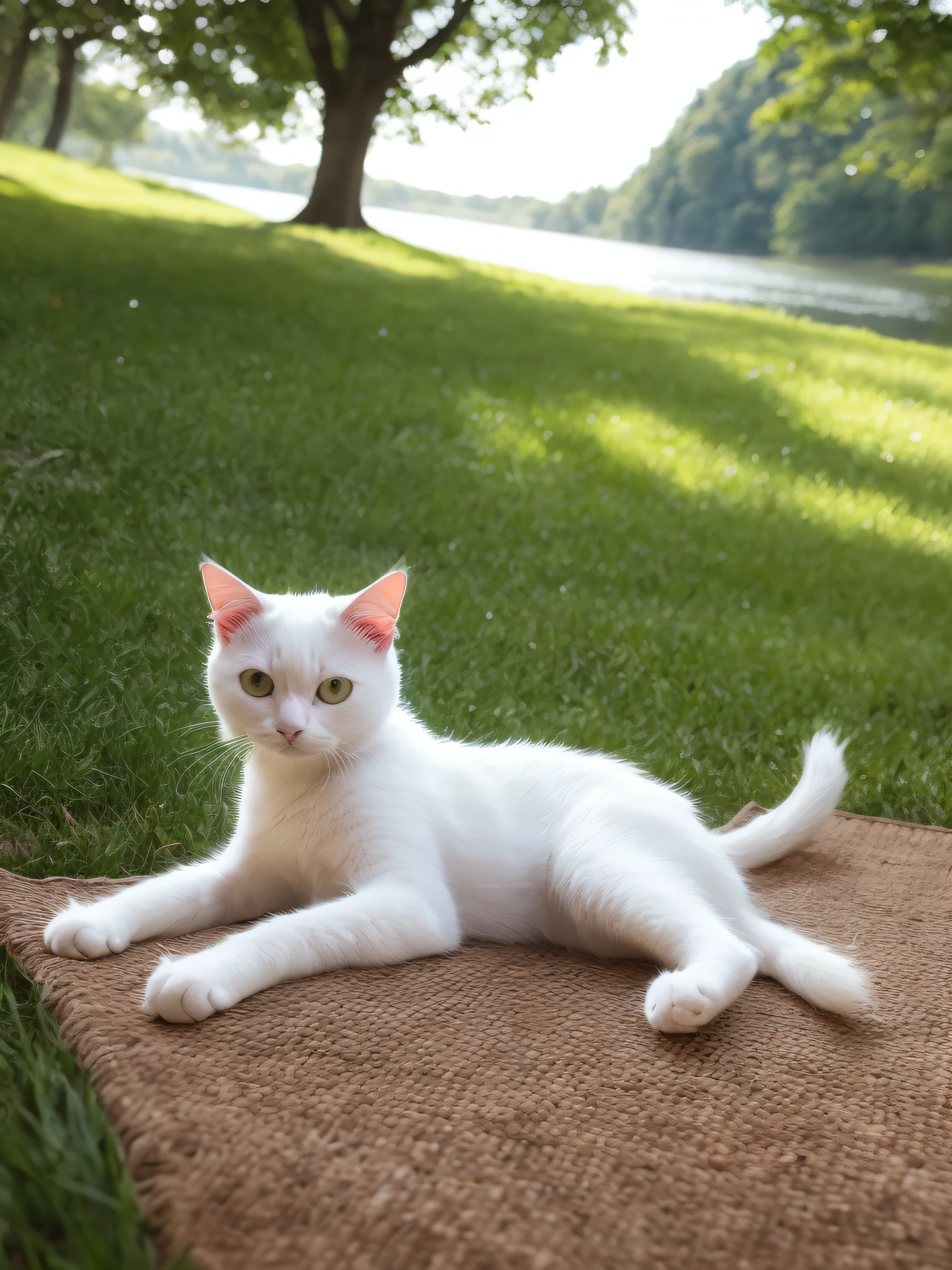 A pure white puppet cat lying on carpet, woods, fine, art, green grass, rising sun, HD, cinema lens, HDR, water droplets --auto