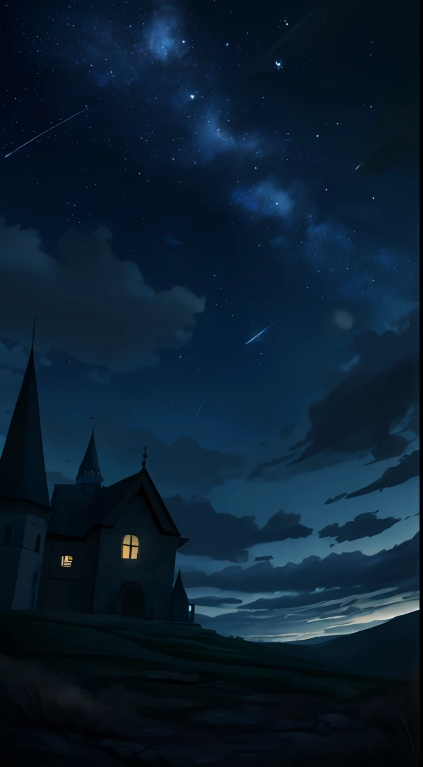cloud,(building), sky, star (sky), scenery, 1girl, starry sky, night,night sky, cloudy sky, outdoors, fantasy