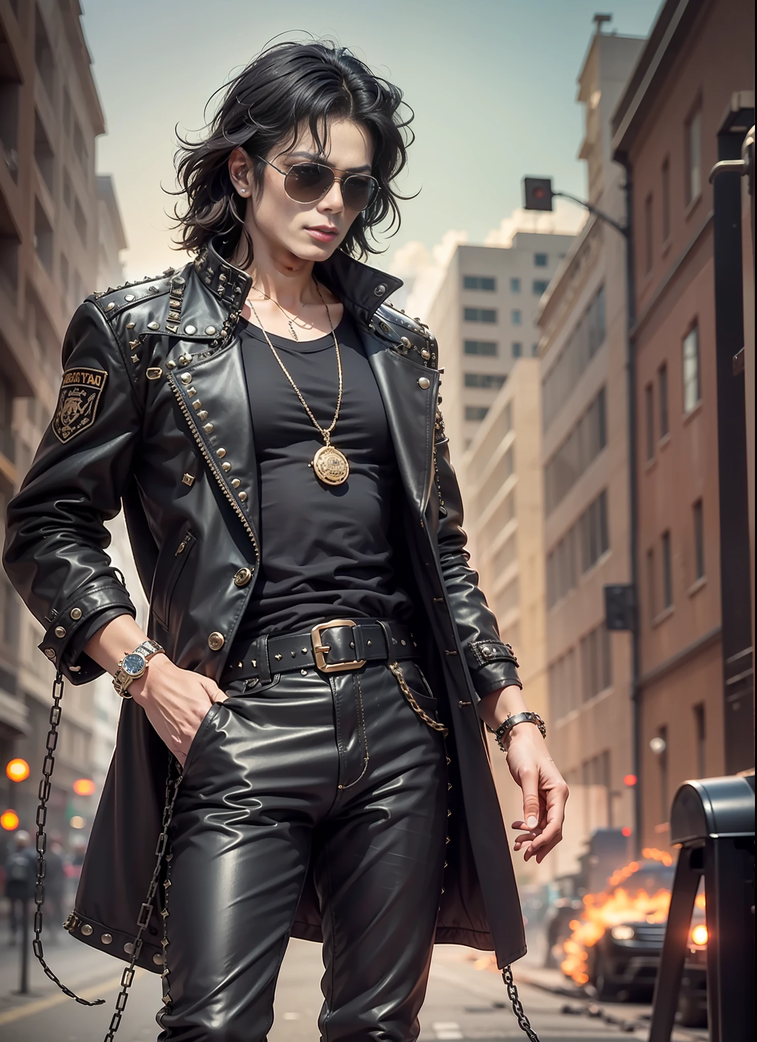 Michael jackson, sunglasses, black pants with rivets, 1 black belt, long coat, long t-shirt, rivets, holster, rivets, chains, just one body, front view, night, explosions behind, plays electric guitar