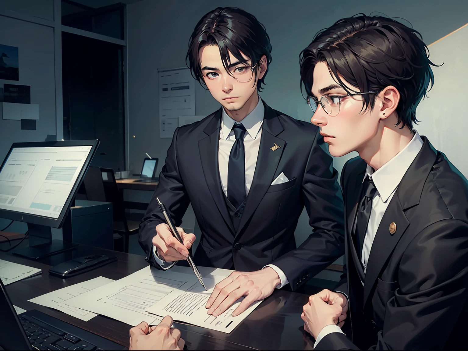 A busy man in a suit with a clear face and ultra-clear