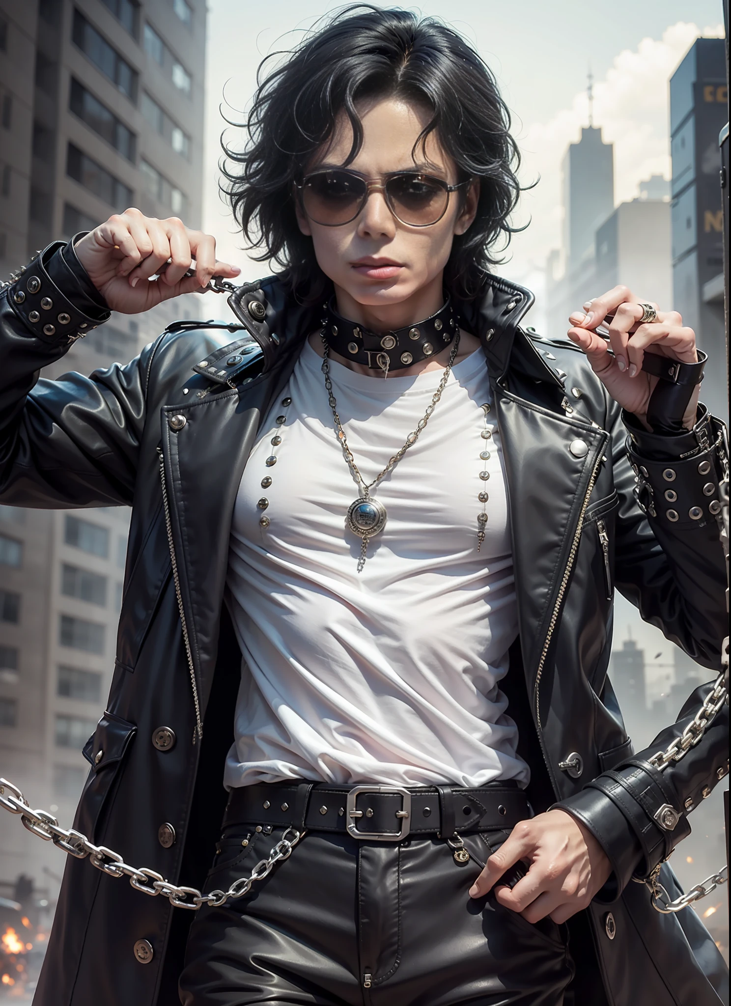 Michael jackson, sunglasses, black pants with rivets, 1 black belt, long coat, long t-shirt, rivets, holster, rivets, chains, just one body, front view, night, explosions behind, plays electric guitar