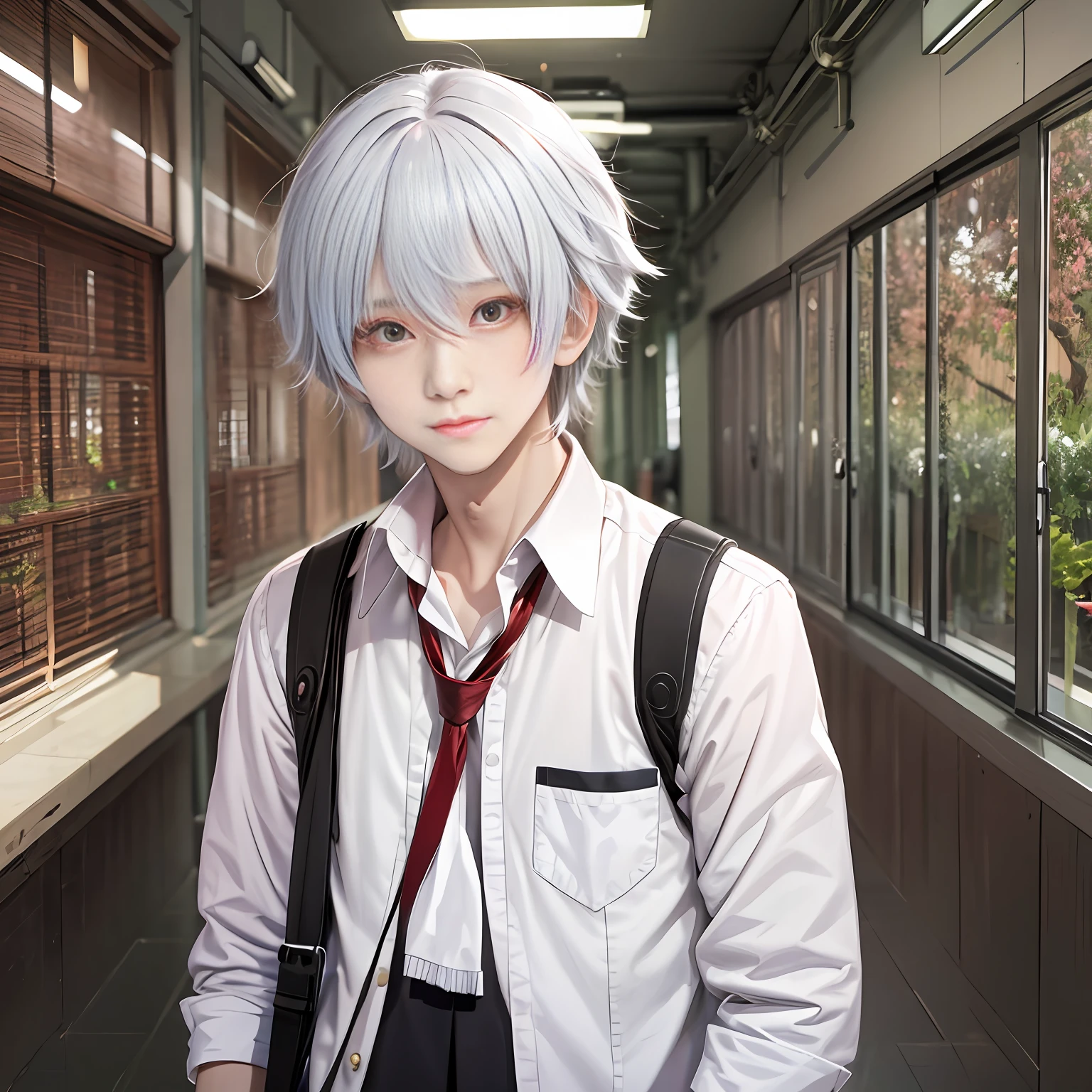 A white-haired anime boy at school