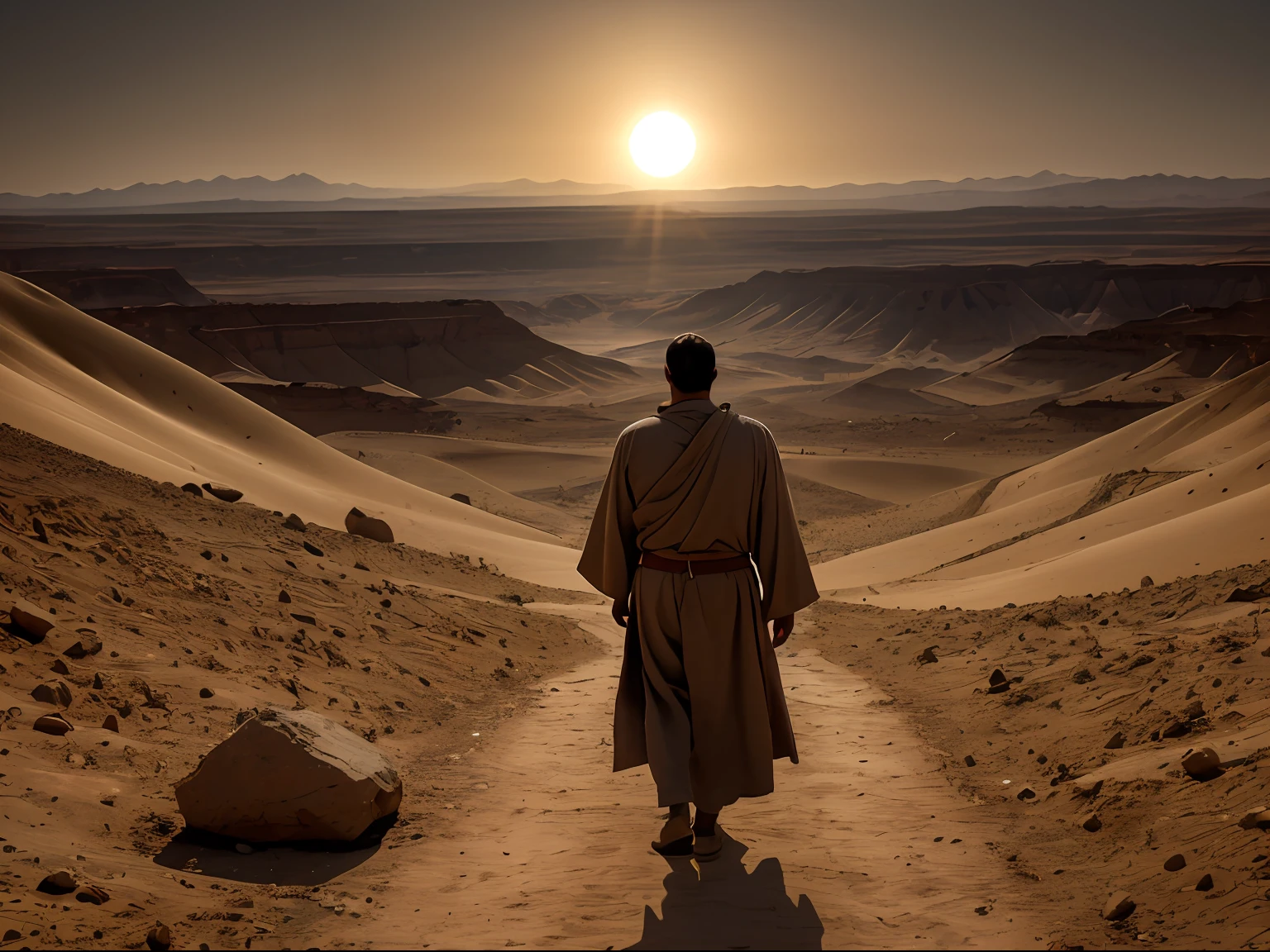 The prophet Ezekiel, at the time of his vision in the Valley of Bones, was a middle-aged man, approximately in his 30s and 40s. His appearance reflected a life marked by dedication to the word of God and suffering for the plight of his people.
Ezekiel was of average height, but his presence radiated a mixture of authority and compassion. Her hair, dark and somewhat matted, fell in locks on her shoulders, showing the passage of time and lived experiences. His beard, well groomed but with some scattered gray hair, accentuated his maturity and wisdom.
Ezekiel's eyes were deep and piercing, reflecting the intensity of his connection to the divine. Through them, he could perceive visions and revelations, showing his intimate bond with God. His eyebrows were raised and marked, giving him an air of seriousness and determination.
The prophet wore a linen robe, simple but impeccably woven, that reached his ankles. The garment was adorned with symbolic embroidery that represented the divine designs and the messages he was to convey to his people. Around his waist, he wore a sturdy leather belt, symbolizing his commitment to truth and righteousness.
As for the scenery of the Valley of Bones, it was a desolate and barren place. The ground was covered with dust and sand, with rocks scattered here and there. The midday sun shone relentlessly in the sky, casting long, pronounced shadows on the piles of bones scattered across the valley.
The bones, white and parched, stretched in all directions, forming a gloomy and overwhelming panorama. The fleshless and piled up skulls, ribs and femurs evoked death and despair. However, in the midst of this desolation, there was an air of expectation, as if something momentous was about to happen.
At that time of day, the sun reached its highest point in the sky, bathing everything