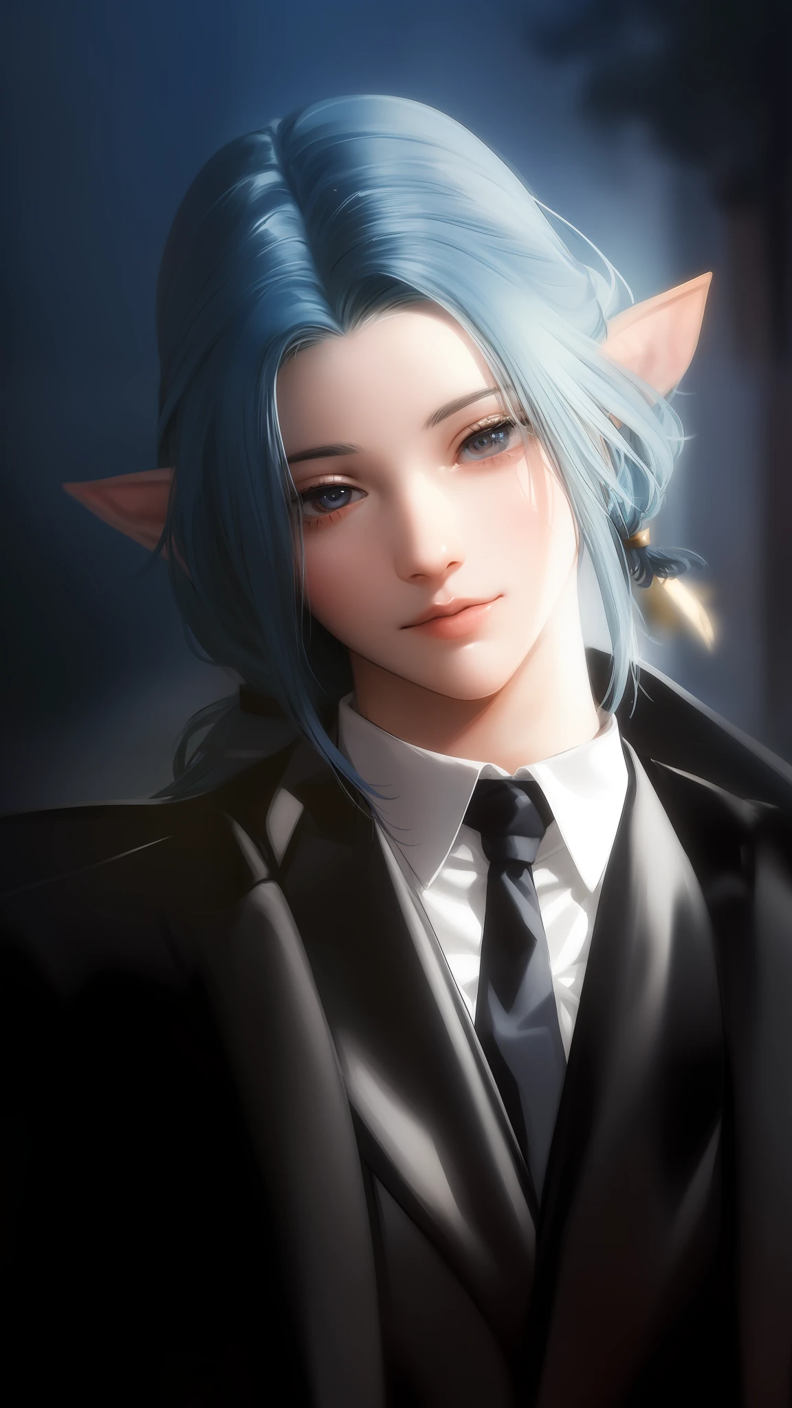 Best quality, super high resolution, (realism:1.4), (1man:1), suit, ((face close-up))), (aegyo sal:1), (light brown short ponytail:1.2), ((puby eyes)), looking at the audience, half-body, street, outdoors. Black suit blue hair and ears anime characters, blue elves, blue skin sprites, elves in suits, female elves, character close-ups, beautiful female elves, portraits of female elves, character close-ups, close-up characters, Final Fantasy 14 style, blue eyes, blue skin elves --auto