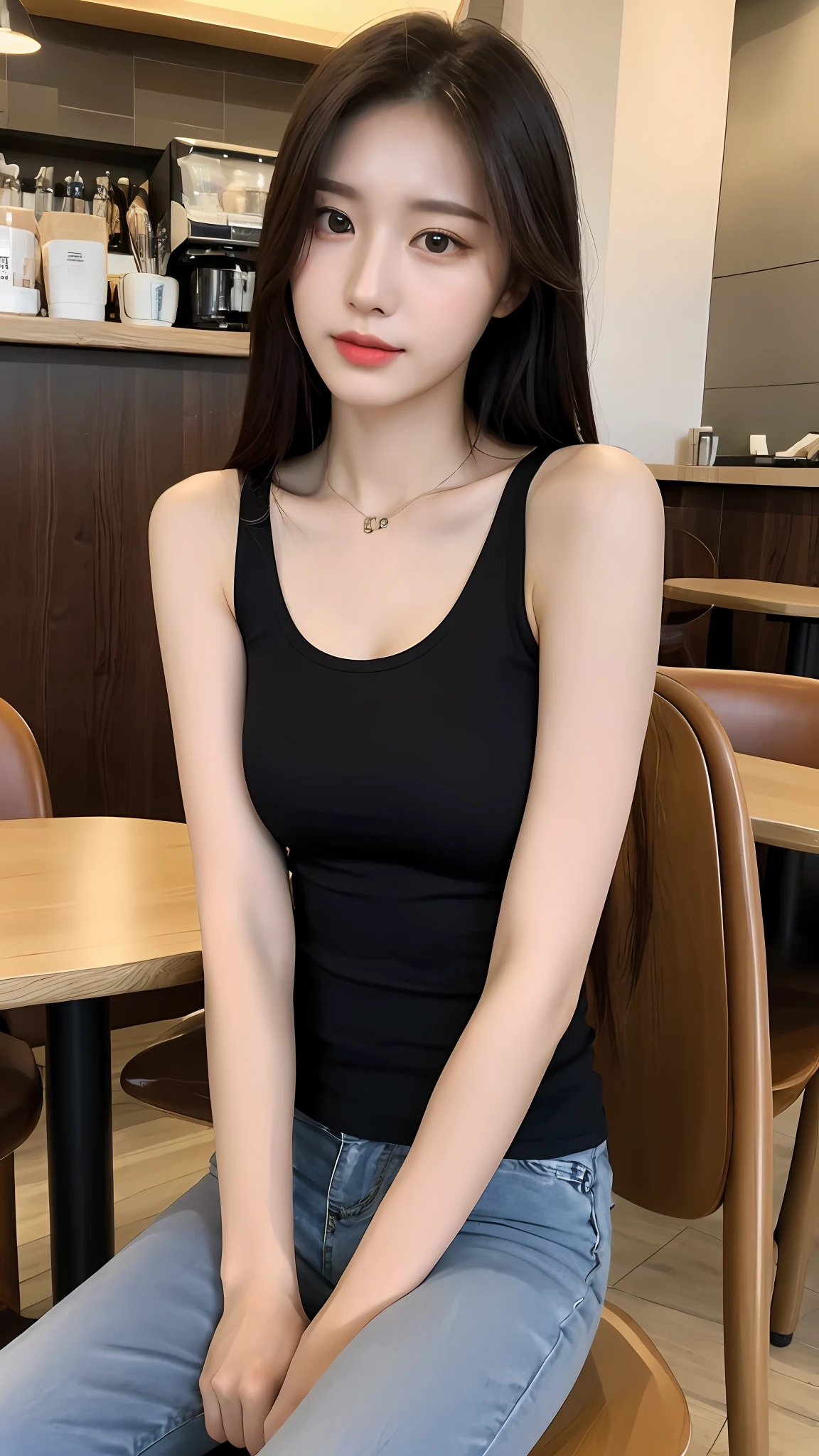 (Realistic, high resolution:1.2), 1 girl, super fine face and eyes, long hair, skinny black tank top, short jeans, sitting on coffee chair, in a café, coffee on the table, big breasts