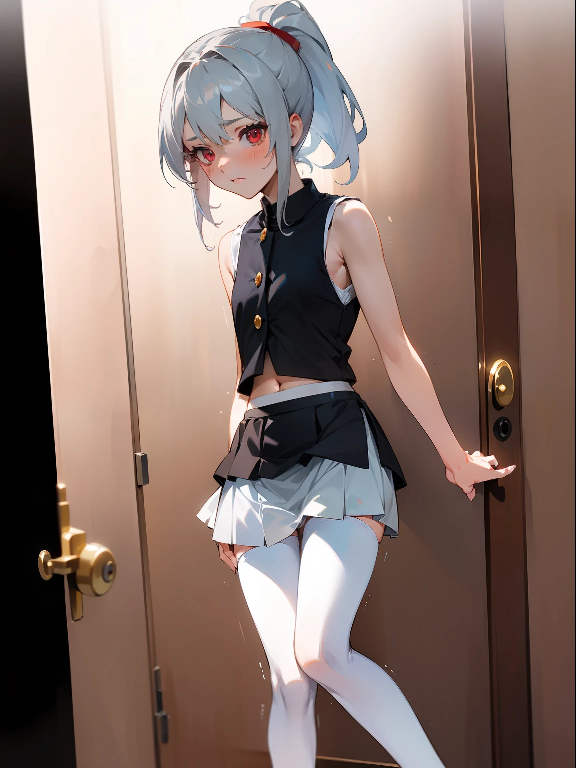 (highest quality), charming, rich details, realistic, 1girl, cute, ((silver hair)), quadratic, long ponytail, light red eyes, red hairpin, sleeveless, bare shoulders, (navel), standing in the doorway, fidgeting, legs clamped, hands pressed down, gaze dodge, ((skirt floating)), (panties), (white stockings), (anxious), blushing, bedroom