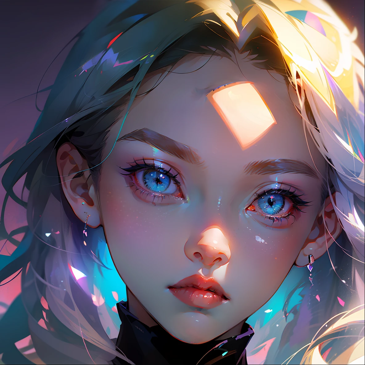 ((masterpiece)), ((best quality)), ((anime)), ((old effect)), ((90s anime)), girl, light skin tone, ((blue eye)), (( perfect)), eyebrow, nose, ear, mouth, lips, ((sad)), white short straight hair, ((dark lilac background)), lascivious,