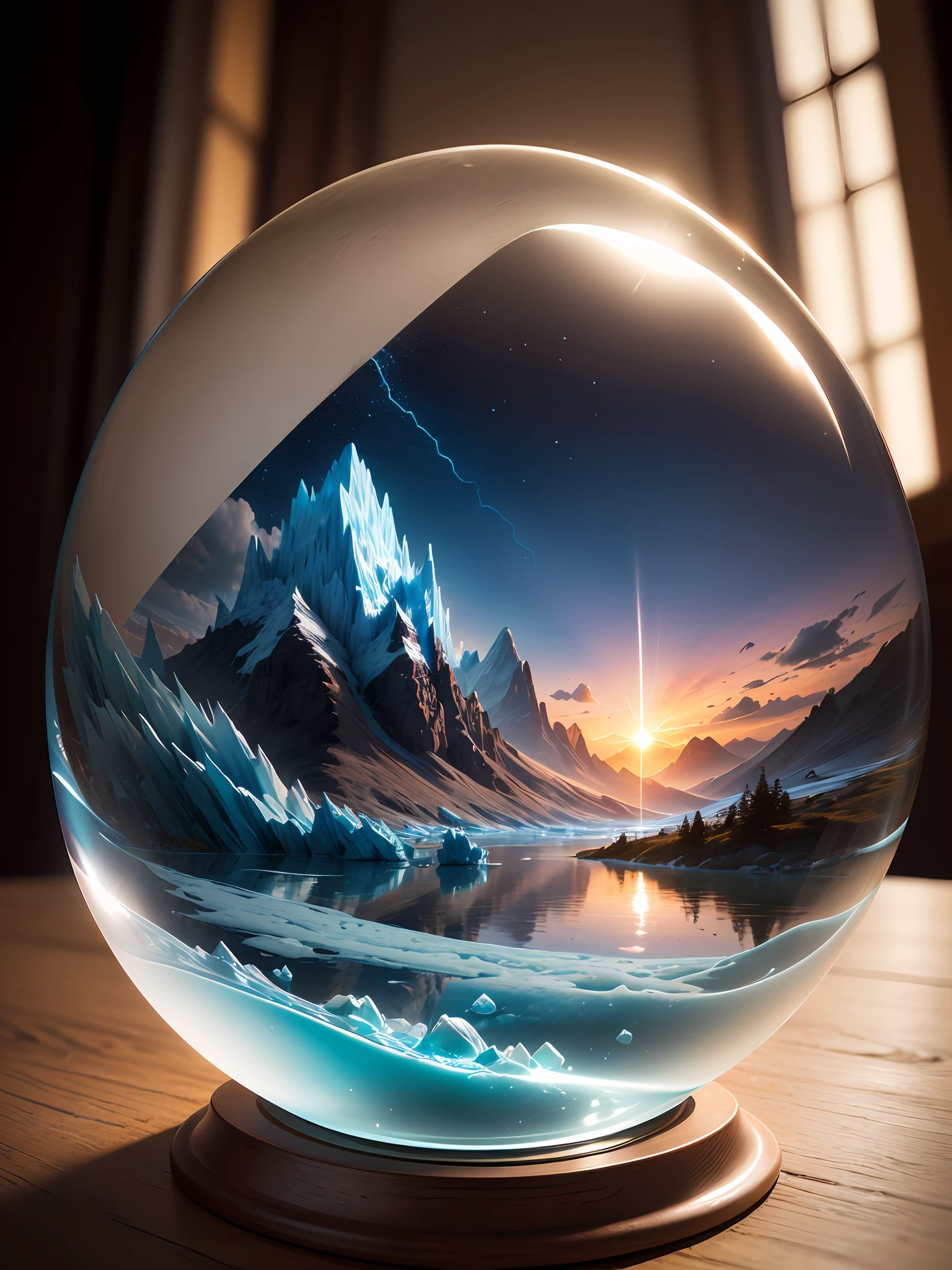 Ultra-realistic, 16K high resolution, (Max Sharp Focus: 1.3), (Max Close-up: 1.5), (Glacier trapped in a crystal perfect ball with pedestal on table: 1.7), (River, Lightning, Milky Way: 1.5), (Backlight: 1.3)