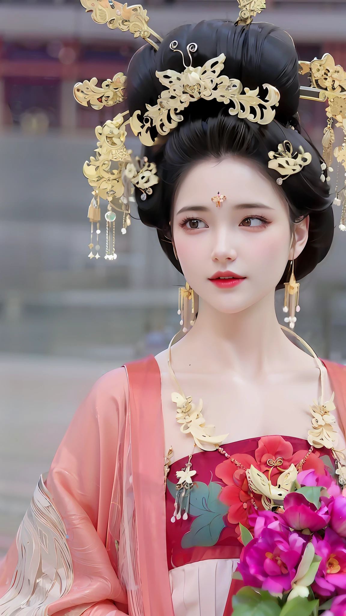 araffe woman in a traditional chinese dress holding a bouquet of flowers, palace ， a girl in hanfu, ancient chinese princess, chinese princess, a beautiful fantasy empress, beautiful render of tang dynasty, chinese style, ancient asian dynasty princess, ancient chinese beauties, ((a beautiful fantasy empress)), chinese girl, chinese empress, traditional beauty, beautiful goddess