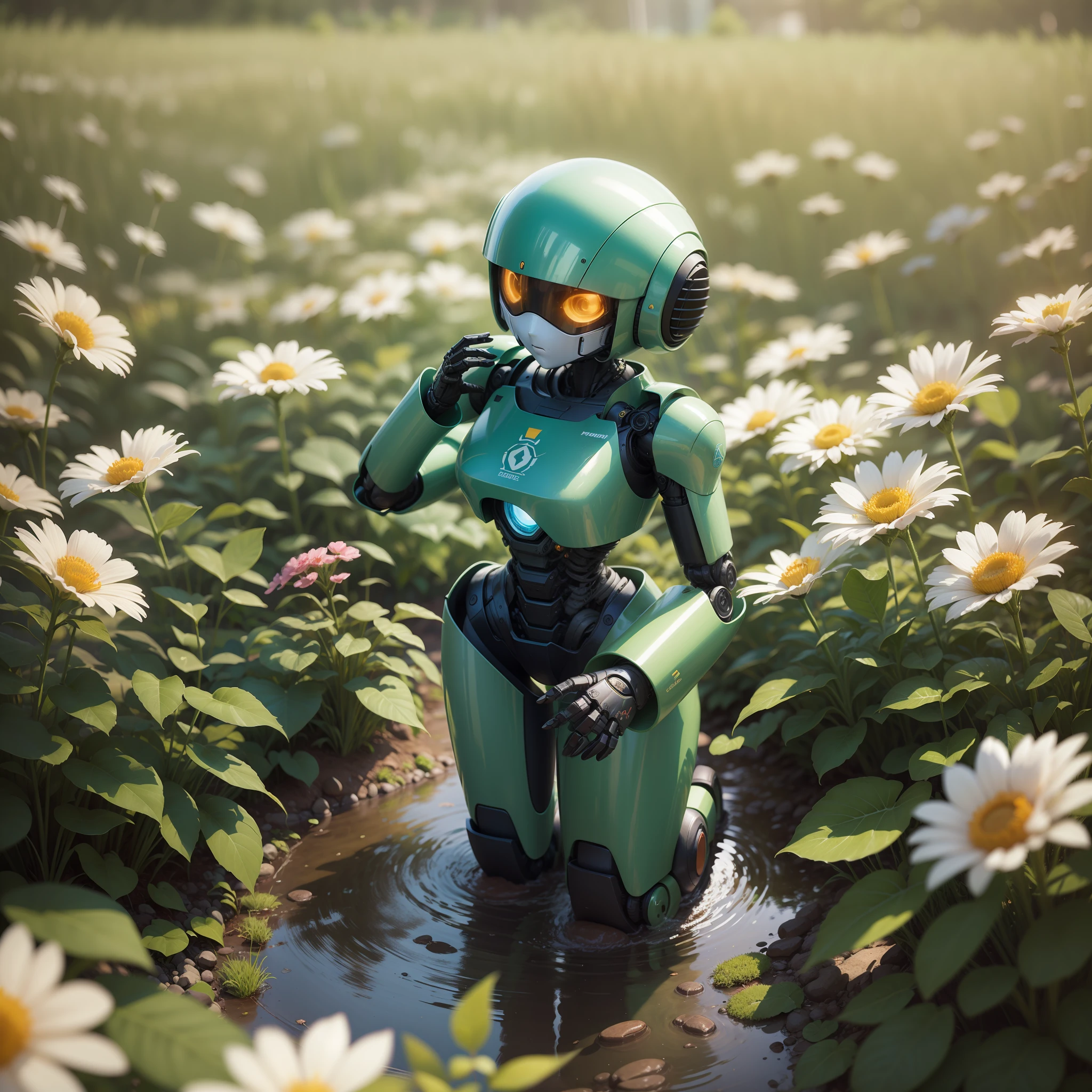 flower garden, robot, kneeling