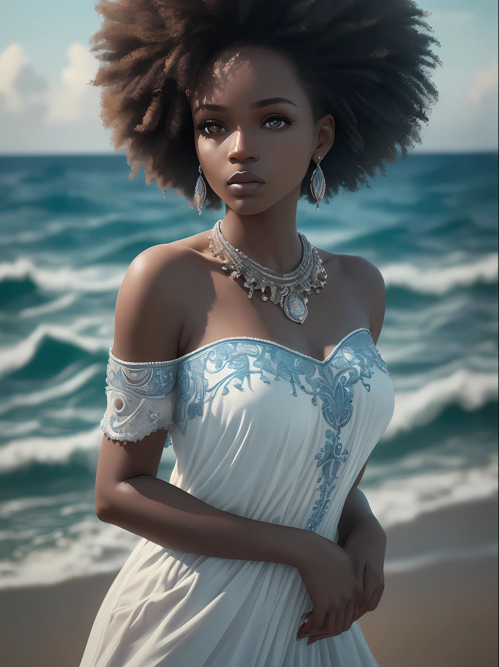 Yemanja. Black woman, African, afro hair, mature, beautiful, upper body, natural skin texture, 24mm, 4k textures, (blue clothing with silver details), (blue and white beaded necklace), ocean, sea, soft cinematic light, RAW photo, photorealism, photorealistic, intricate, elegant, highly detailed, sharp focus, ((((((cinematic look)))), soft tones, sea background, insane details, intricate details, hyperdetailed, low contrast, Soft cinematic light, dark colors, exposure mix, HDR, faded --auto --s2