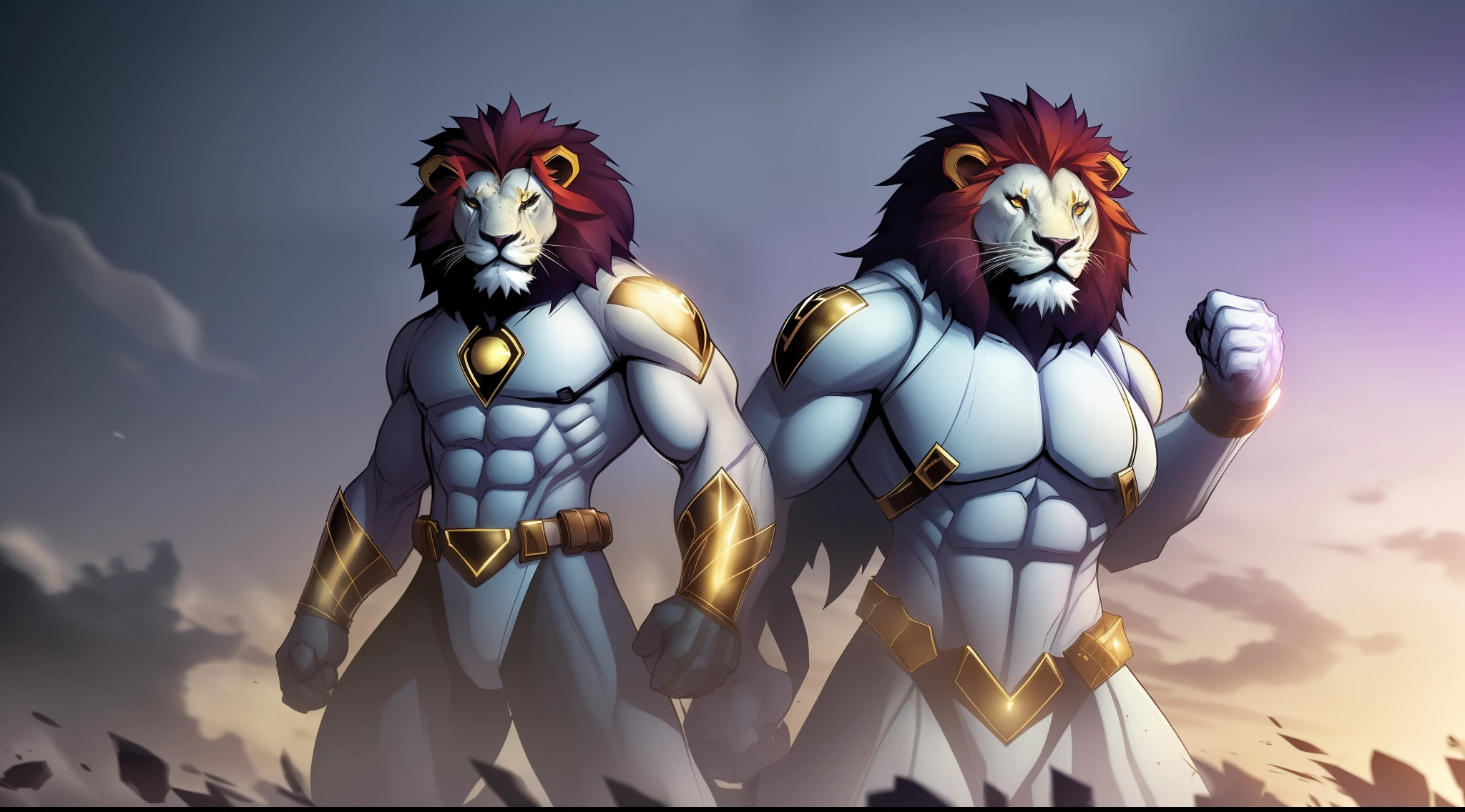 cartoon character, a White body purple mane lion , comic hero, 4k, white body, purple mane, comical looking lion, dunny looking, design, purple hair lion, Lion in a superhero suit, superhero, superhero suit, dark atmosphere, White body lion, lion with a white color, plane white body colored lion, ONE LION IN FRAME, 1 lion, Only 1 object, 1 lion frame, no two objects