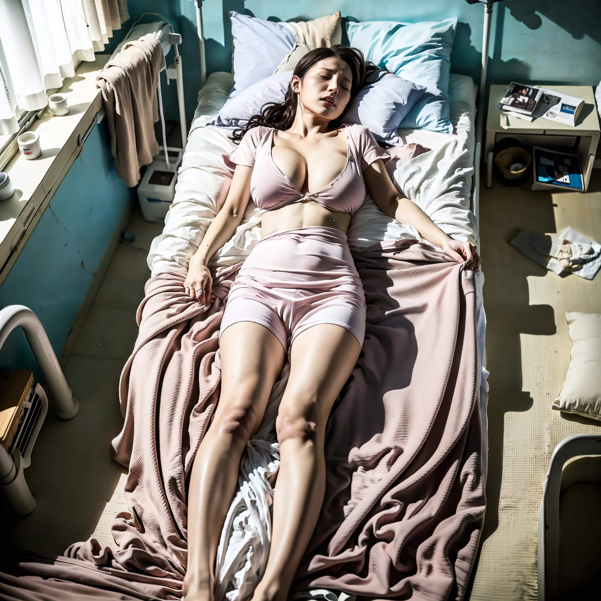 The highest quality, 16K, masterpiece, portrait, full body shot, (A scene in a shabby hospital room where a patient is bedridden, sleeping on the shabby bed), yawn and closed eyes face, ((outfit: patient clothes with spill out huge breasts)),