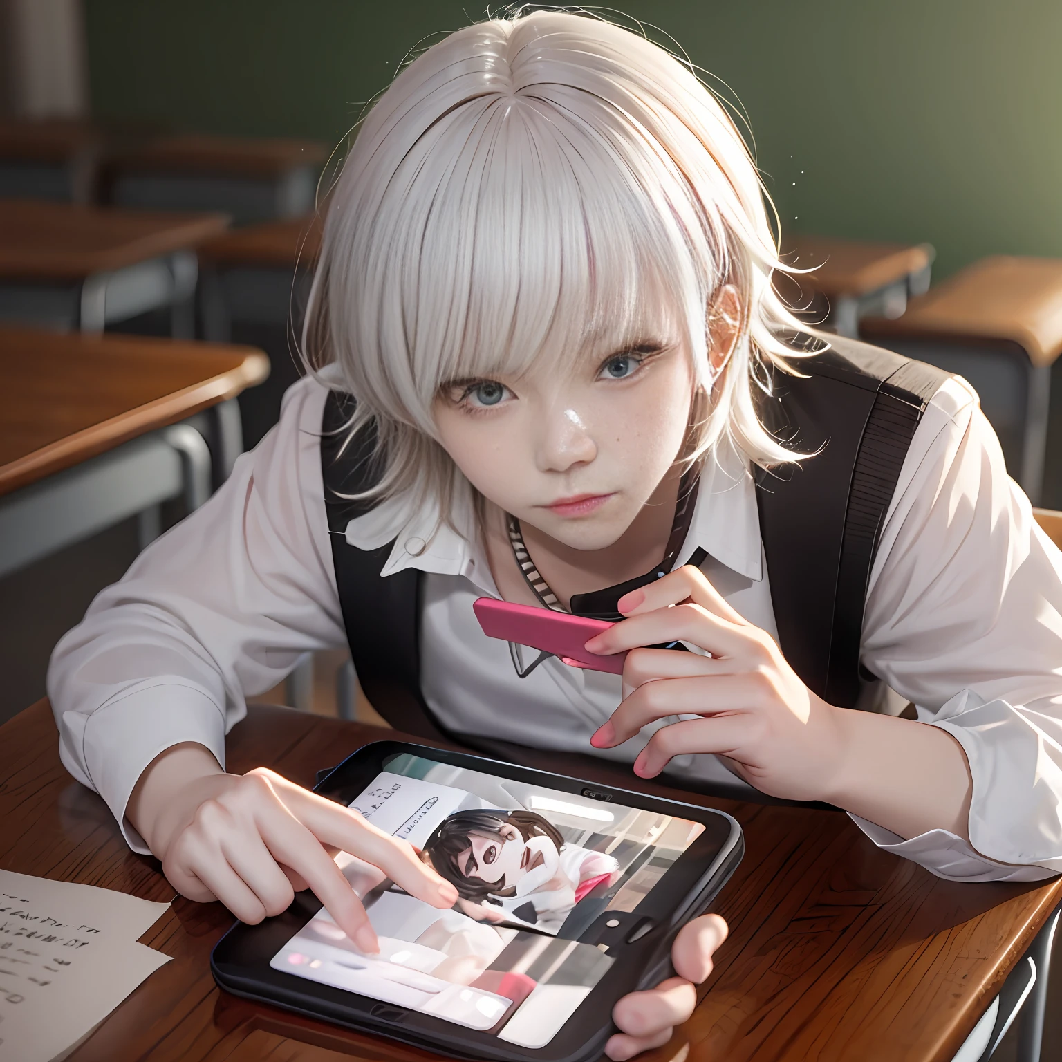 A white-haired anime boy playing with his cell phone in the classroom