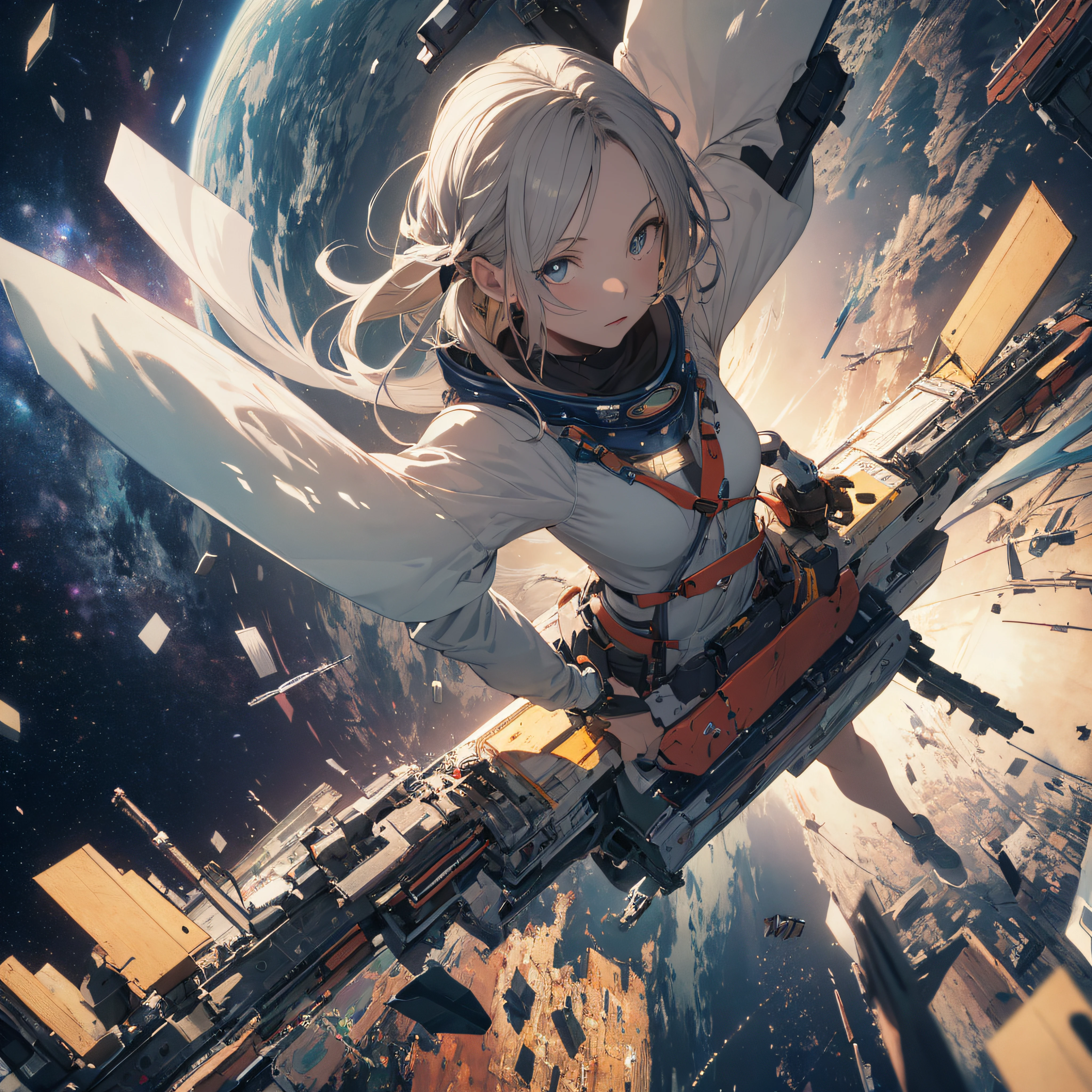 absurd res, high res, (masterpiece:1.4), ultra-detailed, 1girl, from above, space, floating