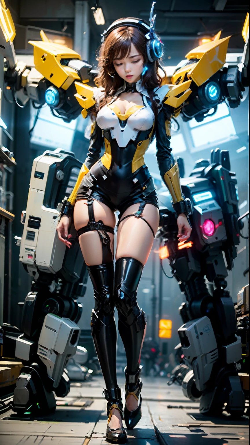 Sleeping mecha girl, lying sleeping in a tall robot, charging with wires plugged in her body, relying on energy batteries to maintain life, there are energy light spots flowing in blood vessels on her body, 20 years old, sleeping with headphones listening to music, sexy sleeping posture, seductive pose, dynamic pose, dynamic shot, alloy cuirass, sexy crystal high heels, with a lot of wires wrapped around her body, binding, she wears sexy lace mecha trousers, wearing pink Gundam lace pajamas, brown hair, semi-mechanical legs, sexy mecha suit, latex full-body tights, Black silk, next to it is also neatly placed sexy women's clothes, huge power generation batteries are glowing, electric lightning, in the scientific research laboratory,