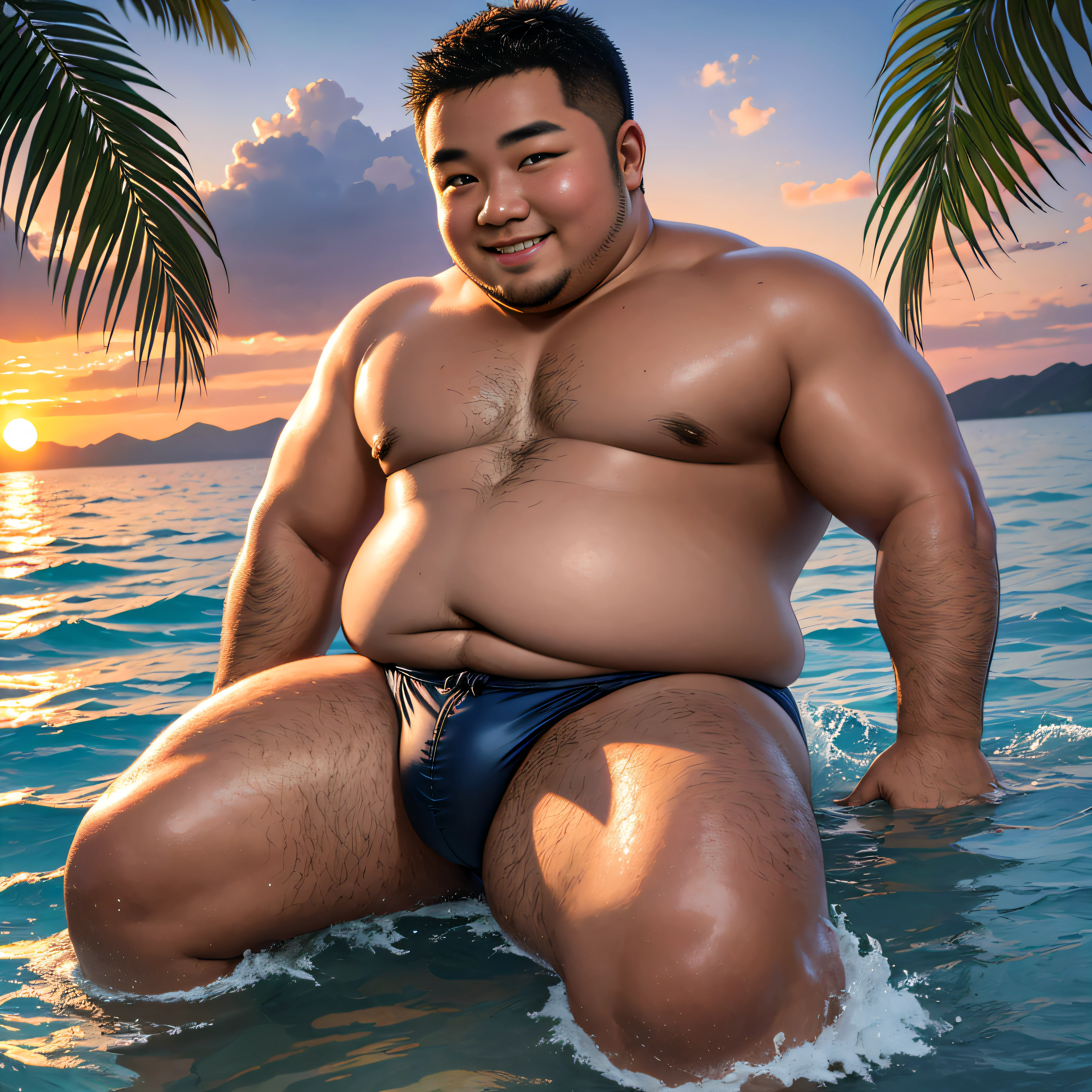 40 years old, height 160cm, weight 90KG, Asian, middle-aged fat bear, fat belly, elastic belly, sexy belly, strong and fat Dionysian body, muscular personality, muscle role, sumo wrestler, big muscle, muscle character, muscular, looks heavy, luxury hotel room in the background, a queen size double bed, wearing swimsuit, daddy body, overweight, morbidly obese, fat belly, gay, obese, bright light in the room --auto