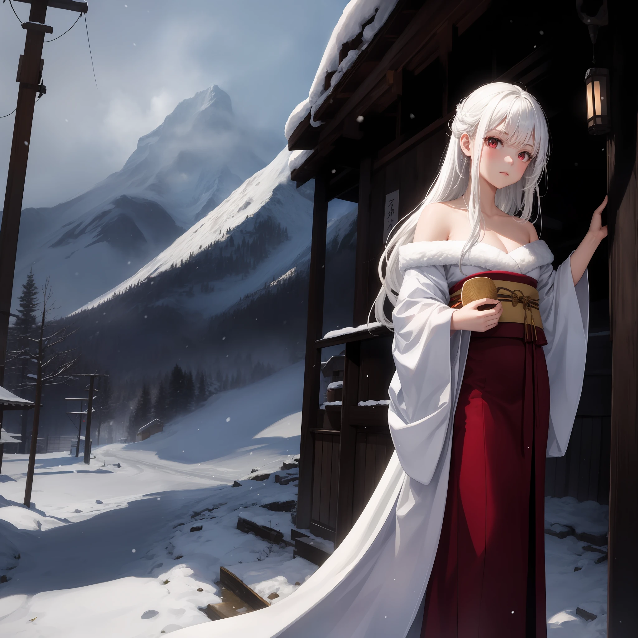 white hair, red eyes, girl, alone, solo, 1girl, long hair, snow woman, white kimono, off shoulder, snowy mountain, blizzard,