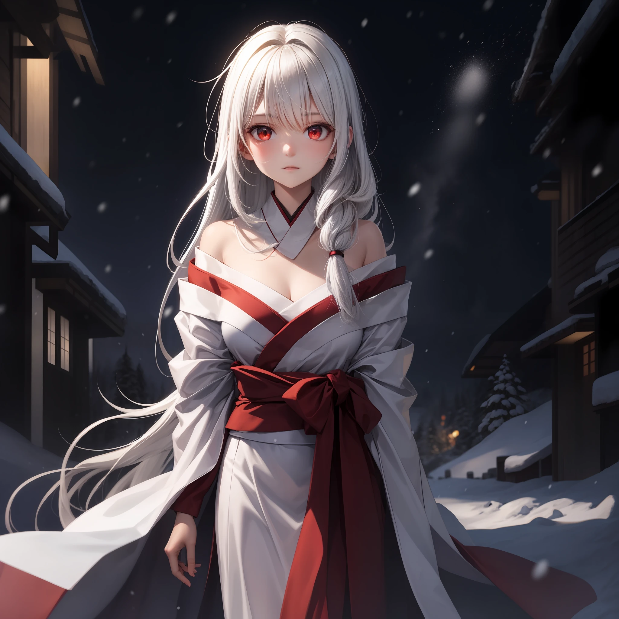 white hair, red eyes, girl, alone, solo, 1girl, long hair, snow woman, white kimono, off shoulder, snowy mountain, blizzard,