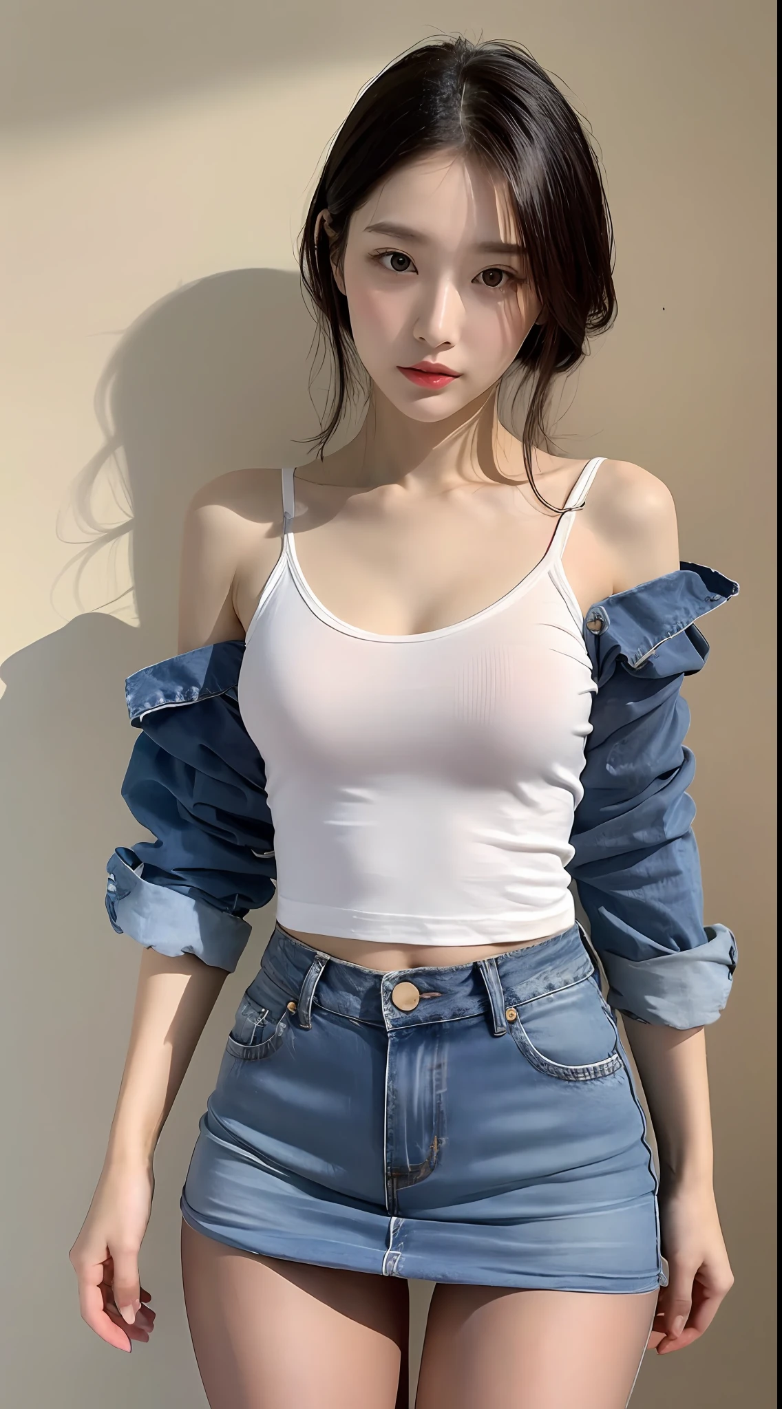 Fashion trend beautiful charming woman, gentle and lovely Chinese beautiful woman, delicate sexy collarbone, charming goose egg face, double eyelids, flexible peach blossom eyes, pink lips, small upturned nose, bare shoulders, focus face, face close-up, ultra-high definition, super detail, full body photo, ultra-thin translucency, with this light blue denim skirt with beige T-shirt, gentle light color with white and beautiful skin, outstanding temperament, stockings, see-through