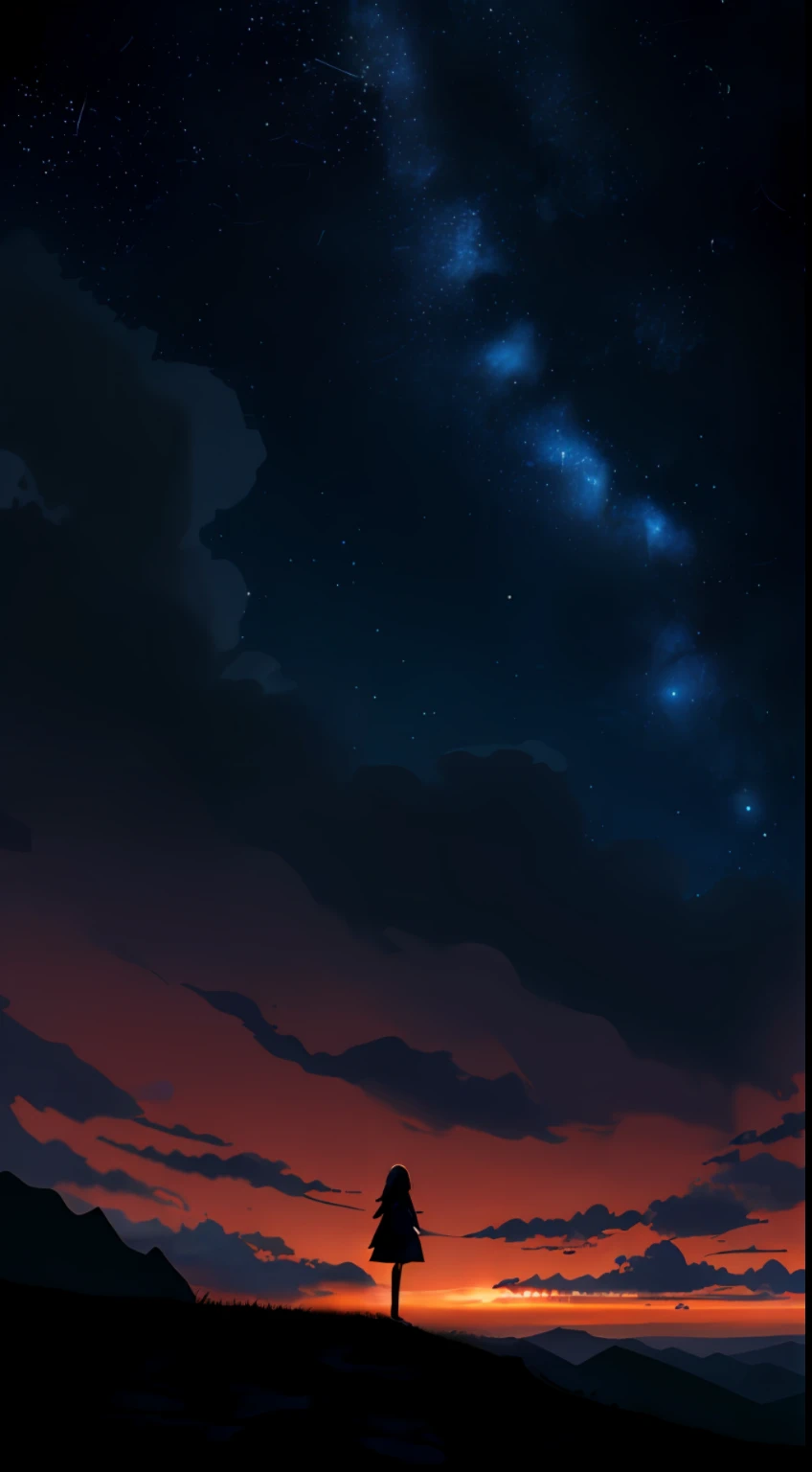 cloud, (airplane), sky, stars (sky), landscape, 1 girl, starry sky, night, night sky, cloudy sky, outdoors, fantasy