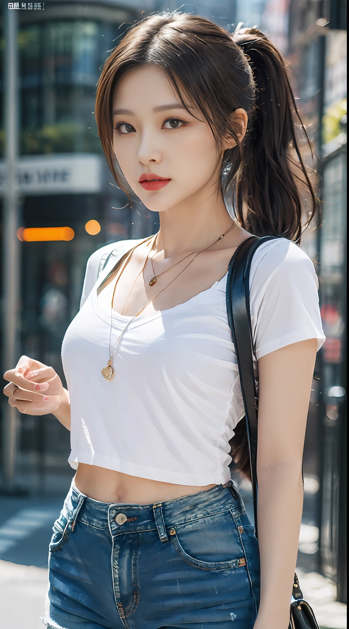 (Masterpiece: 1.3, Best Quality, 8k) In the commercial square there is a beautiful woman, (perfect figure: 1.4), dark brown hair, (ponytail), (pendant), white short sleeves with denim trousers, highly detailed face and skin, detailed double eyelids and eyes,