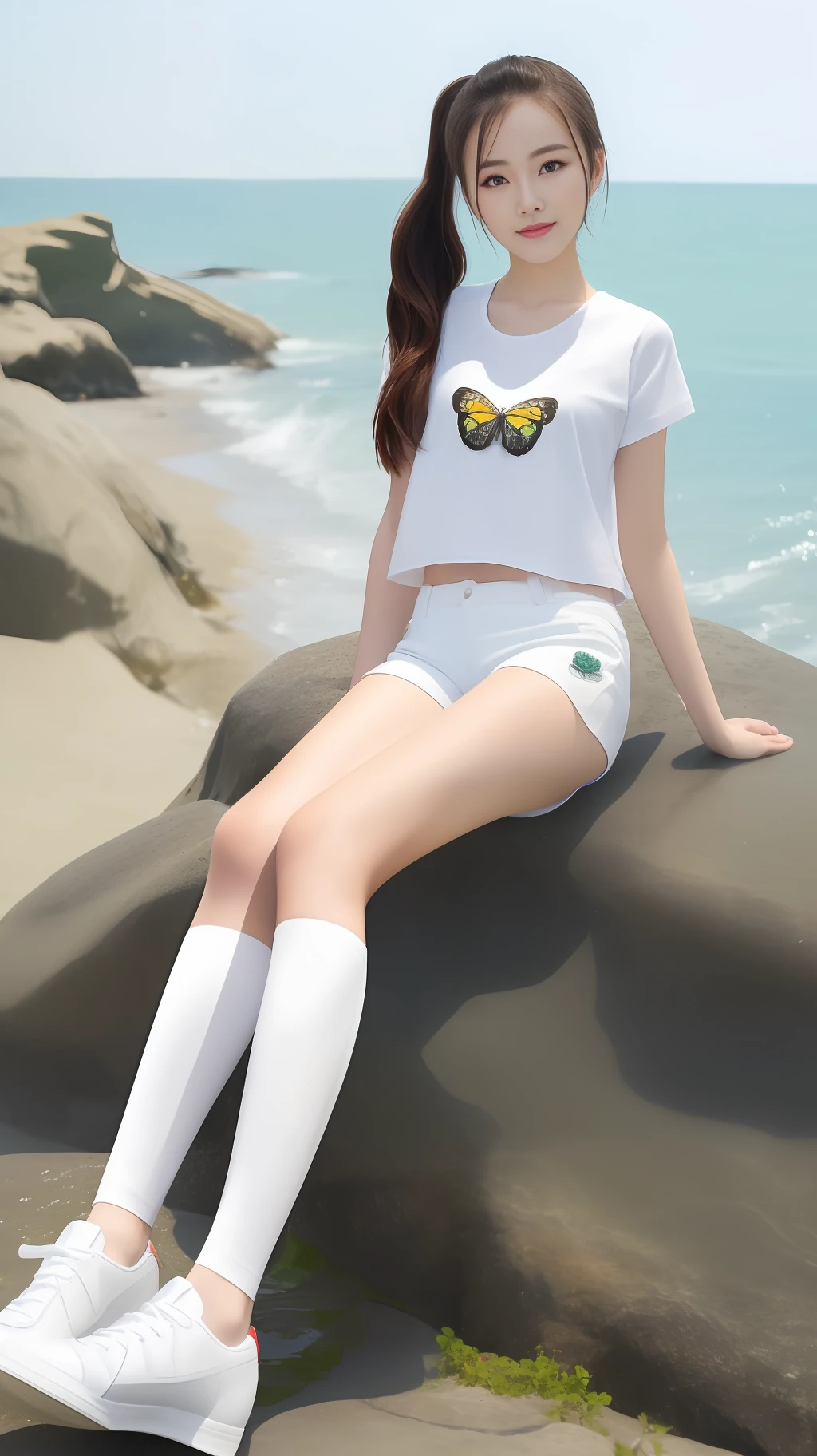 High quality, masterpiece, 8k, (1 girl, two ponytails), (sit reclining on a rock, seaside, sea, waves), smile, (professional wear, white t-shirt, butterfly pattern, rose, white shorts, white stockings, white sneakers, thin and breathable material), summer, cool, seawater, waves, Gulangyu Island