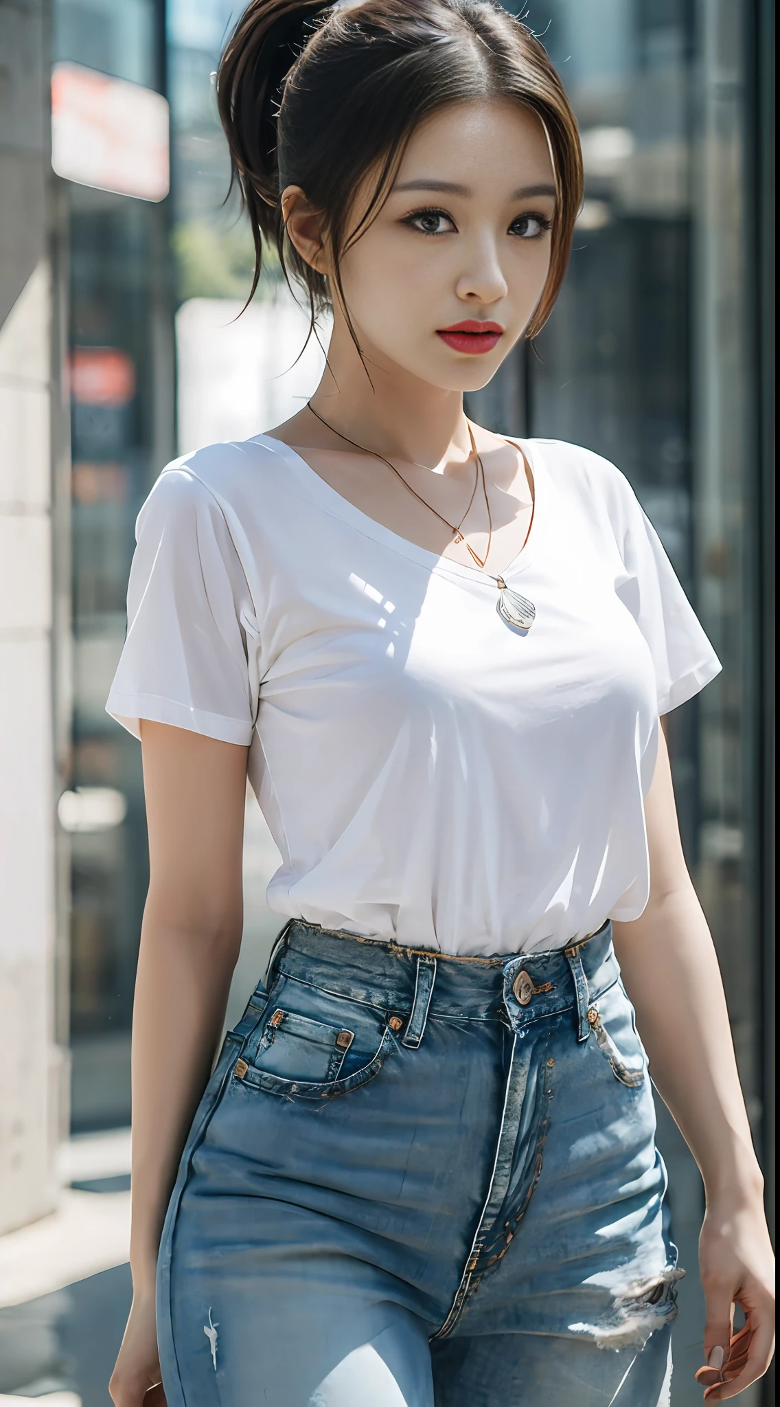 (Masterpiece: 1.3, Best Quality, 8k) In the commercial square there is a beautiful woman, (perfect figure: 1.4), dark brown hair, (ponytail), (pendant), white short sleeves with denim trousers, highly detailed face and skin, detailed double eyelids and eyes,
