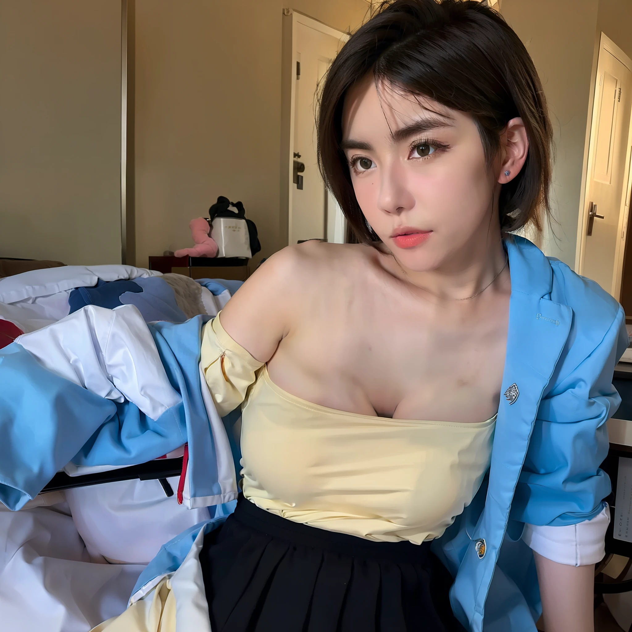 (1girl) high quality, realistic detail photography, ultra detail, cute teenage girl wearing a strict elementary school uniform, short hair, black hair, very sexy body(Big tits)