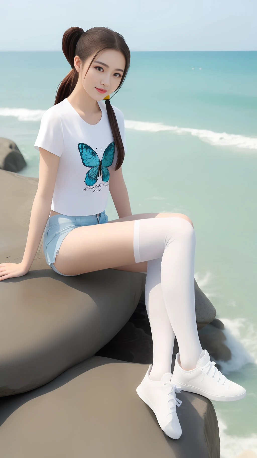 High quality, masterpiece, 8k, (1 girl, two ponytails), (sit reclining on a rock, sea, waves, background), smile, (professional wear, white t-shirt, butterfly pattern, rose, white shorts, white stockings, white sneakers, thin and breathable material), summer, cool, seawater, waves, Gulangyu, butterfly tattoo