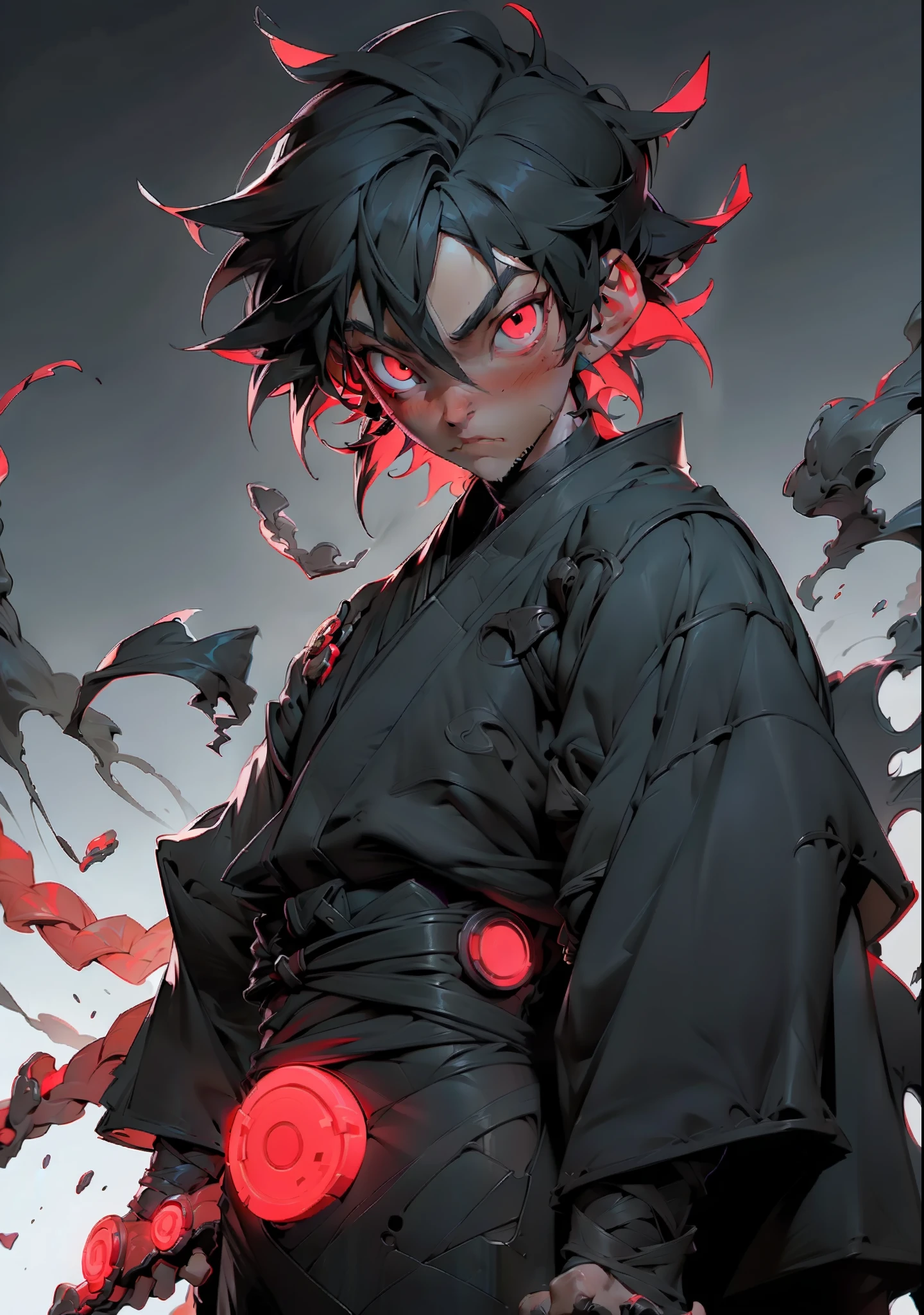 Sasuke uchiha, young boy(1boy) with black hair and black outfit, neon red eyes, sharingan, sasuke, super detailed and defined illustration, concept art, artstation, 8k.